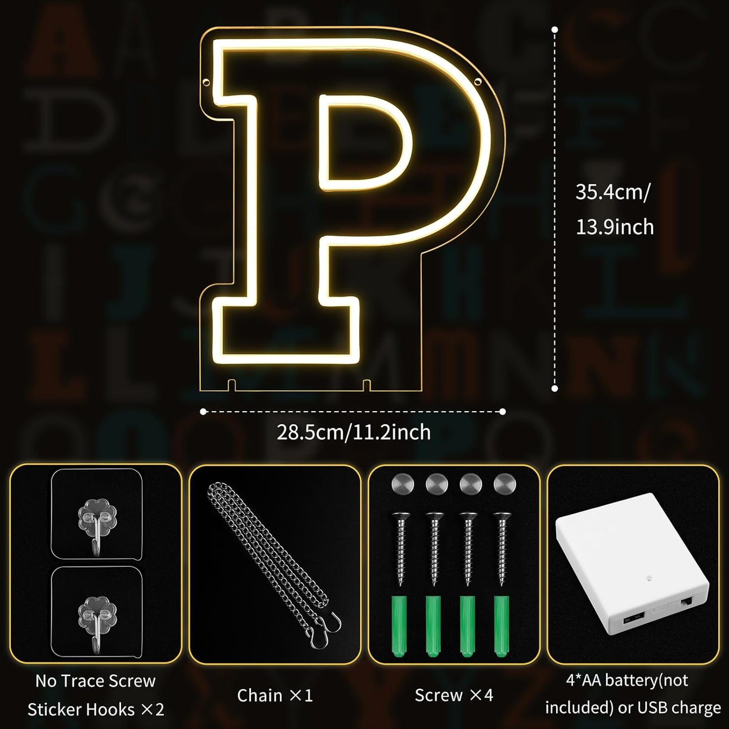 Light Up Letters P, Led Marquee Letter Lights Neon Sign, 13.9" Height Decorative Lighted Alphabet Number, Battery/USB Powered Led Letters Lights for Wedding, Birthday, Party, Christmas or Home Decor