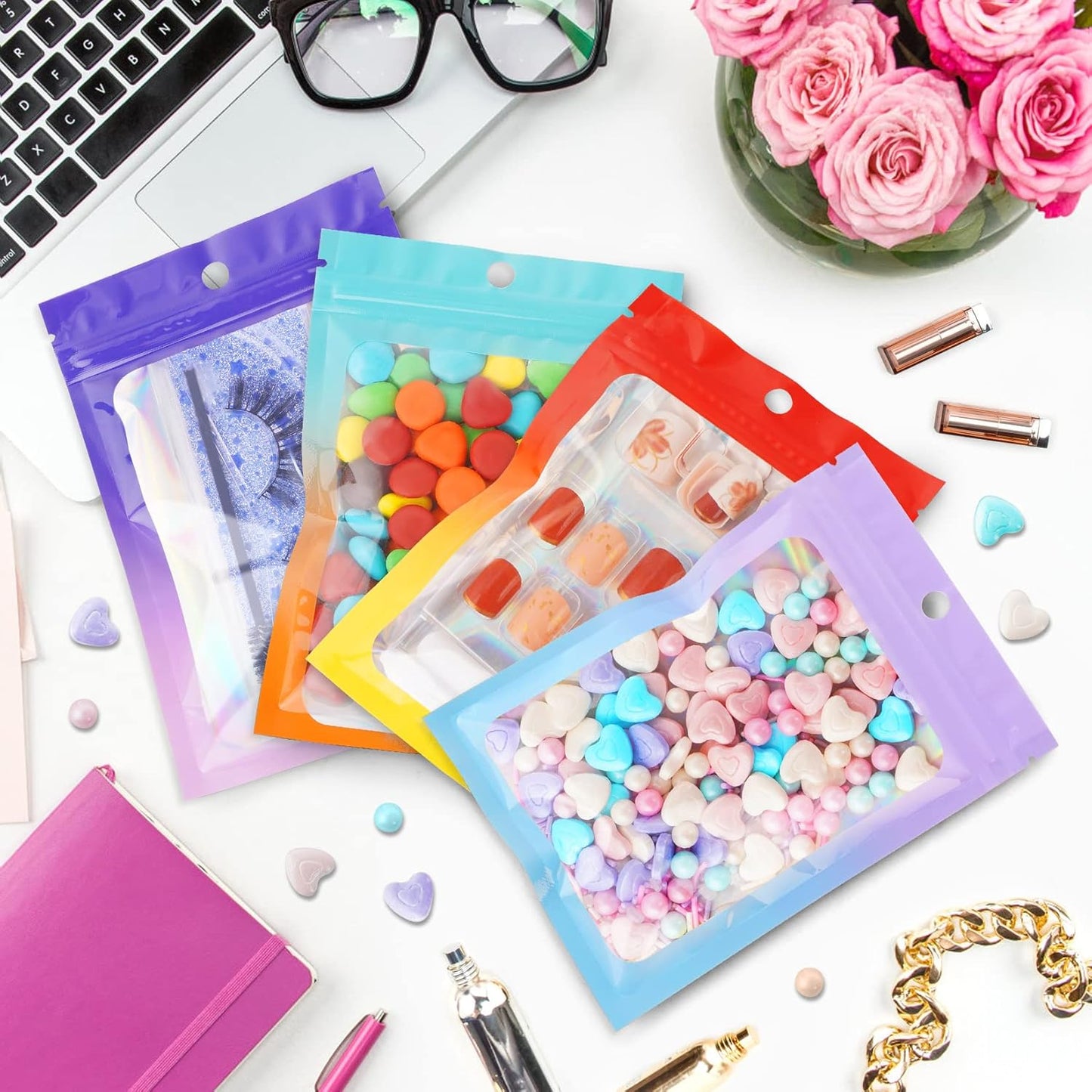 Funfery 100 Pack Holographic Bags,Resealable Bag with Zipper,Clear Window Packaging Pouch,Foil Bags for Food Storage,Sample Jewelry Baggies(4.7×7in,Purple Pink)