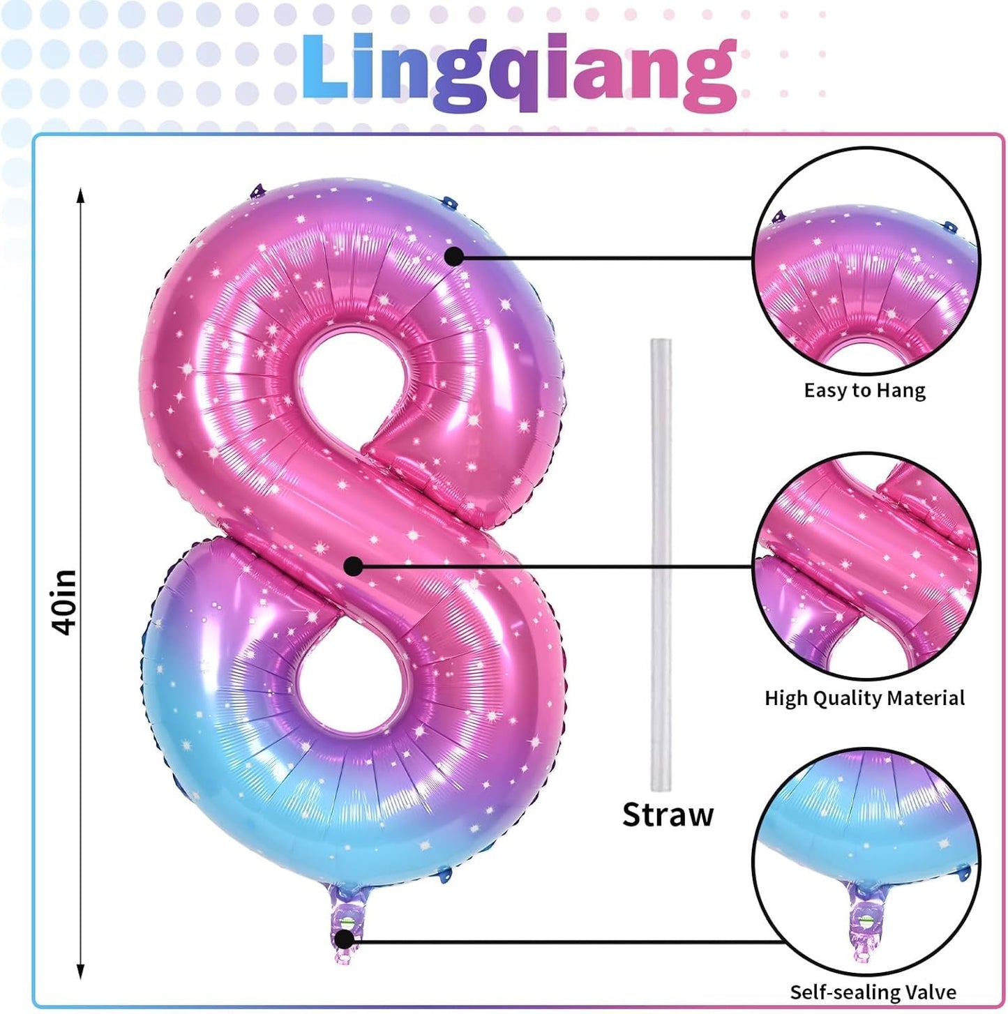 40 Inch Rainbow Foil Balloon Number 8, Giant Self Inflating Gradient Blue Pink Number Balloons 0-9 for Women, Starry Print 8 Helium Balloons Set for Girls 8th Birthday Party Decorations Supplies