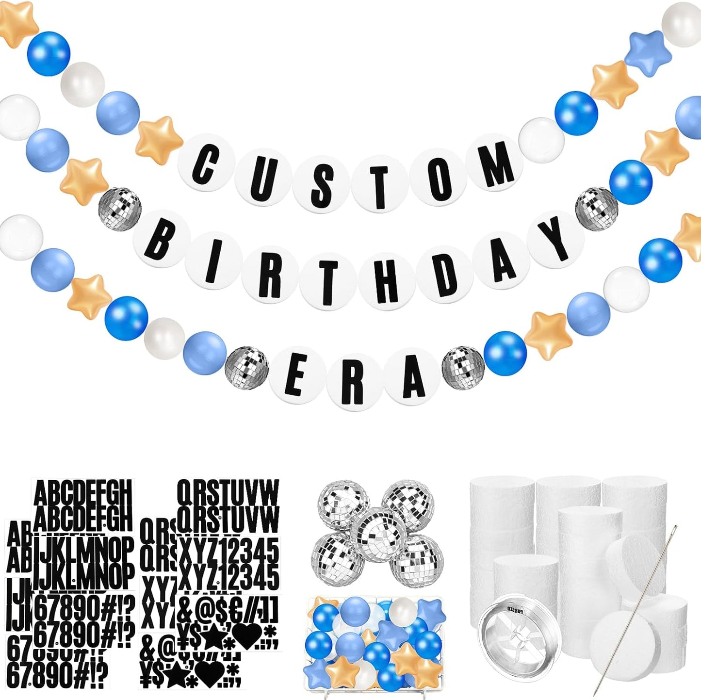 Giant Friendship Bracelet Garland Kit, DIY Birthday Banner with Letters Ball Jumbo Customizable Friendship Bracelet Decor for Halloween Christmas Wedding Party(Blue, Gold, White)