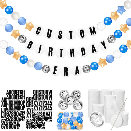 Giant Friendship Bracelet Garland Kit, DIY Birthday Banner with Letters Ball Jumbo Customizable Friendship Bracelet Decor for Halloween Christmas Wedding Party(Blue, Gold, White)