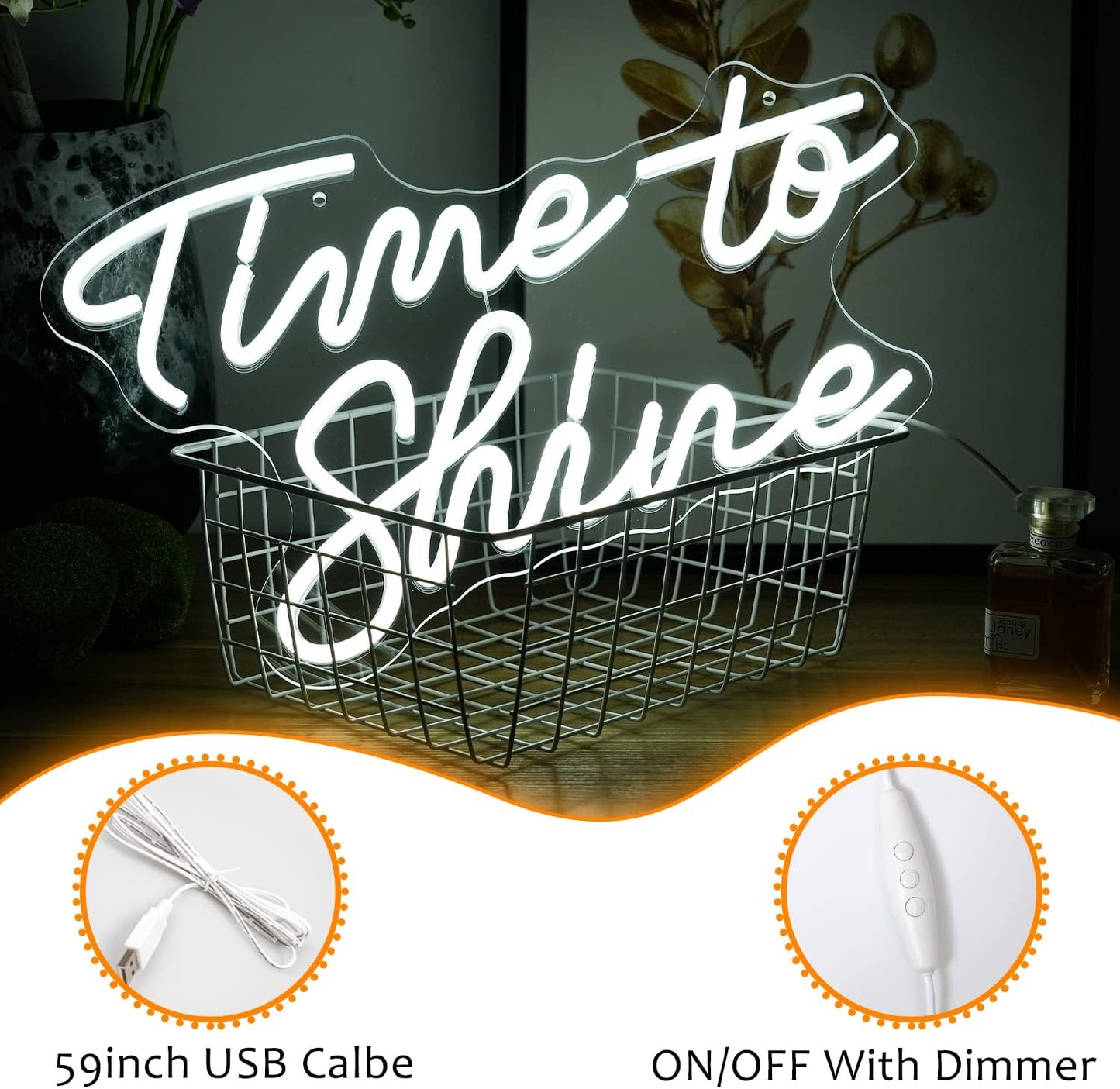 Time To Shine Neon Sign White Led Sign Time To Shine Neon Lights Decor for Lover Dimmable Letter Neon Wall Signs USB Powered with Switch Neon Signs for Wall Decor Party Wedding（16.5’’X10.2’’）