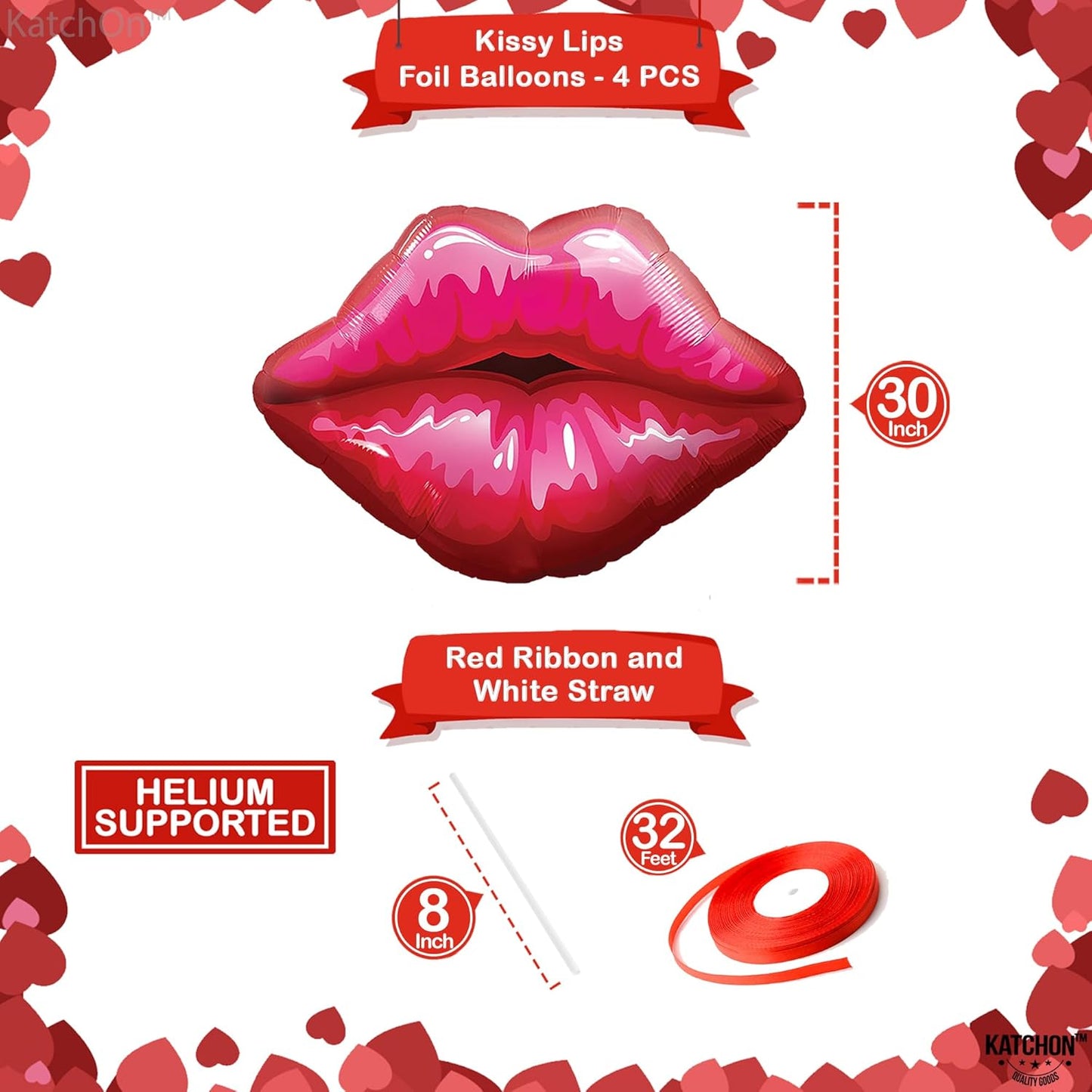 KatchOn, Huge Red Lip Foil Balloon - 30 Inch, Pack of 4 | Cute Kiss Balloons for Lips Balloon Decorations | Valentines Balloons | Galentines Day Decorations