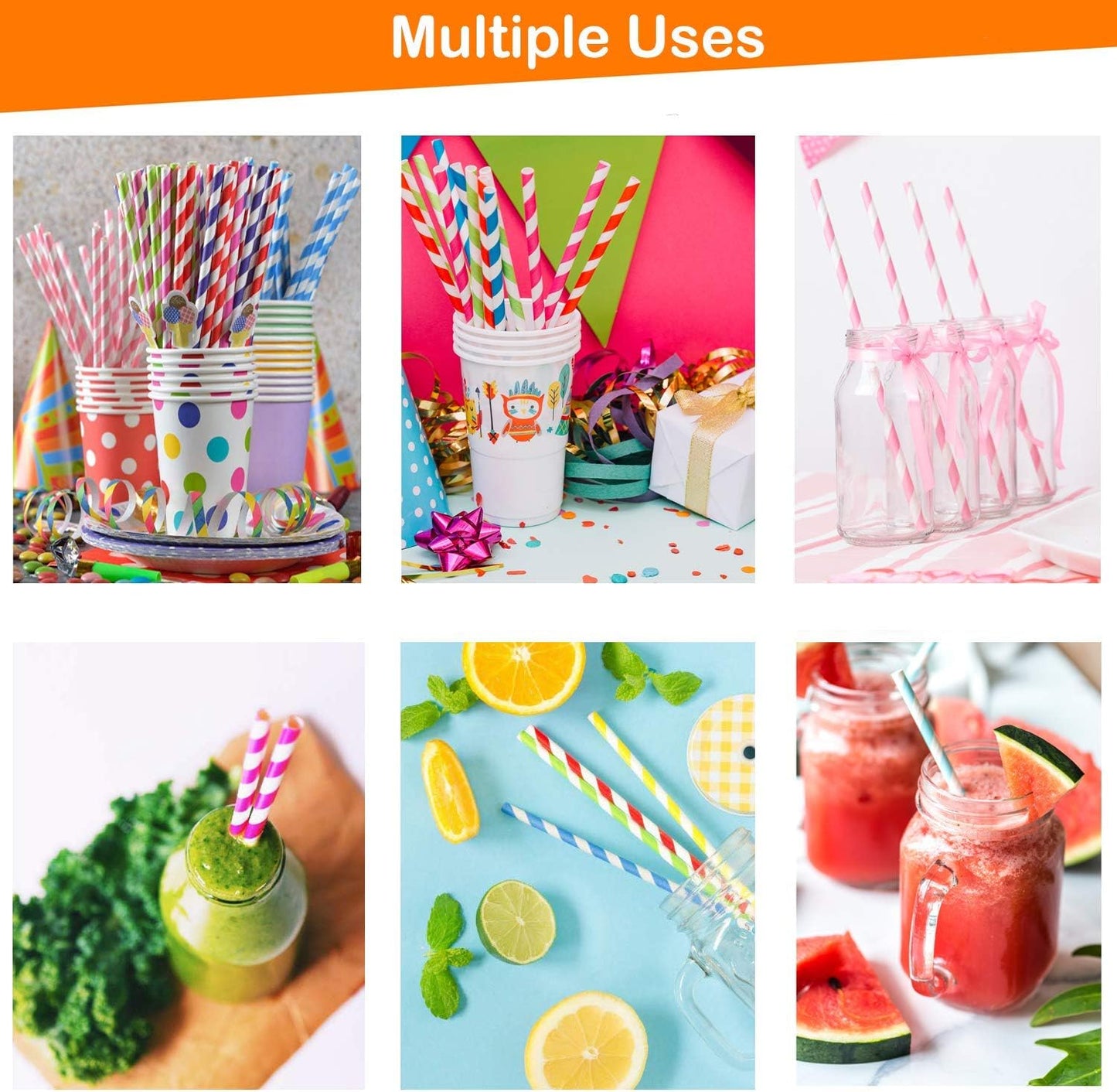 Weemium Paper Straws Disposable - 200 Pack - Durable & Non-Soggy Striped Paper Straws for Drinking in 10 Colors - 100% Biodegradable & Eco-Friendly for Parties, Events, Crafts & Everyday Use