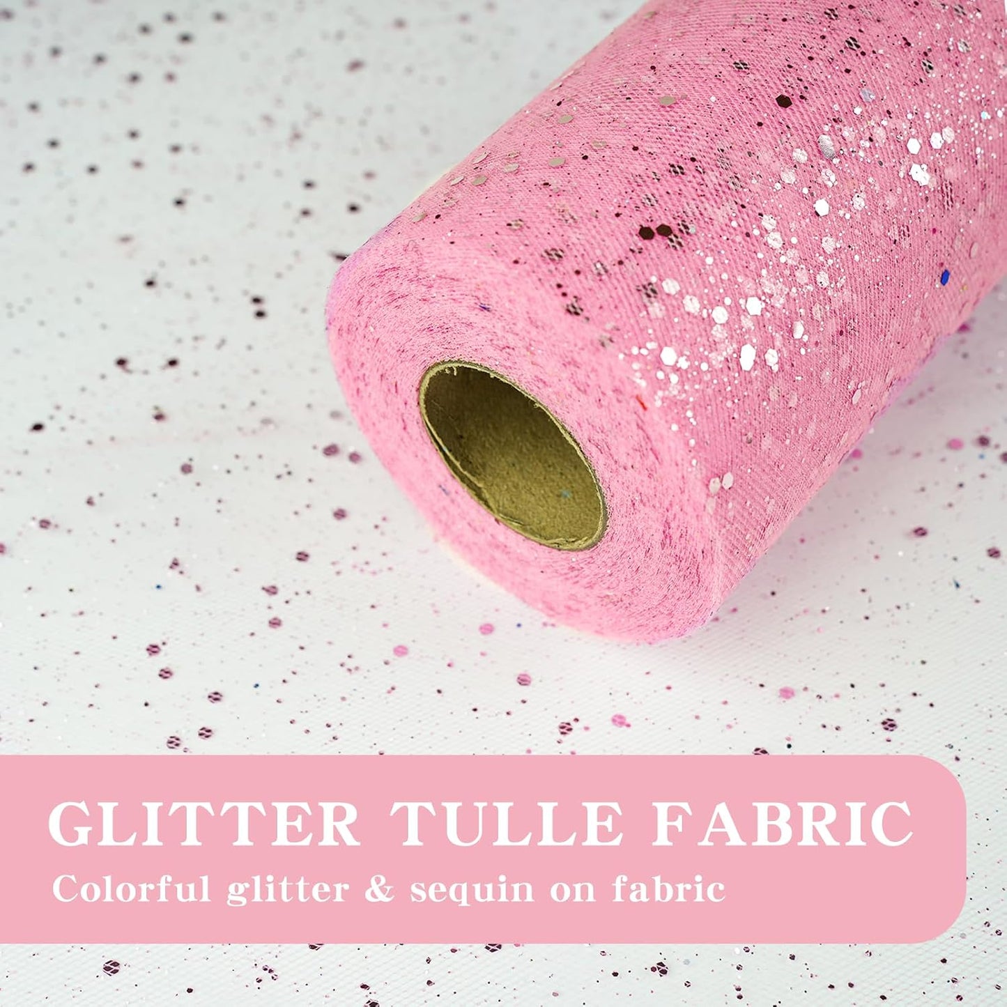 Glitter Tulle Rolls, 6” by 50 Yards (150FT) Sparkling Tulle Spool Ribbon Sequin Tulle Netting Fabric for Tutu Skirt Wedding Birthday Baby Shower (Pink)