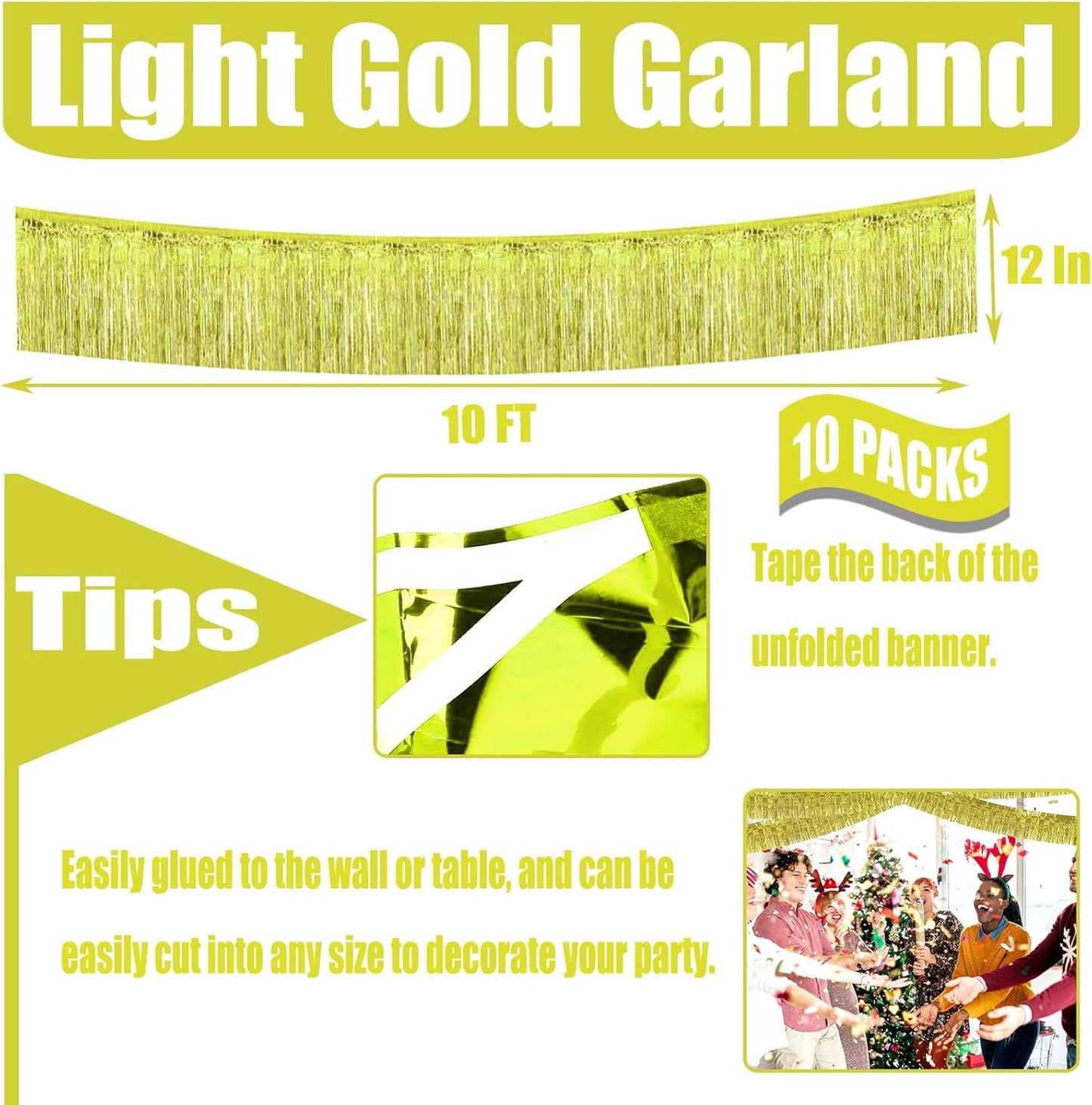 10 Pack 10 Feet Foil Fringe Garland Metallic Tinsel Streamers Banner Wall Hanging Curtain Backdrop for Parade Floats, Wedding, Disco, Birthday, Halloween, Christmas Party Decorations(Light Gold)