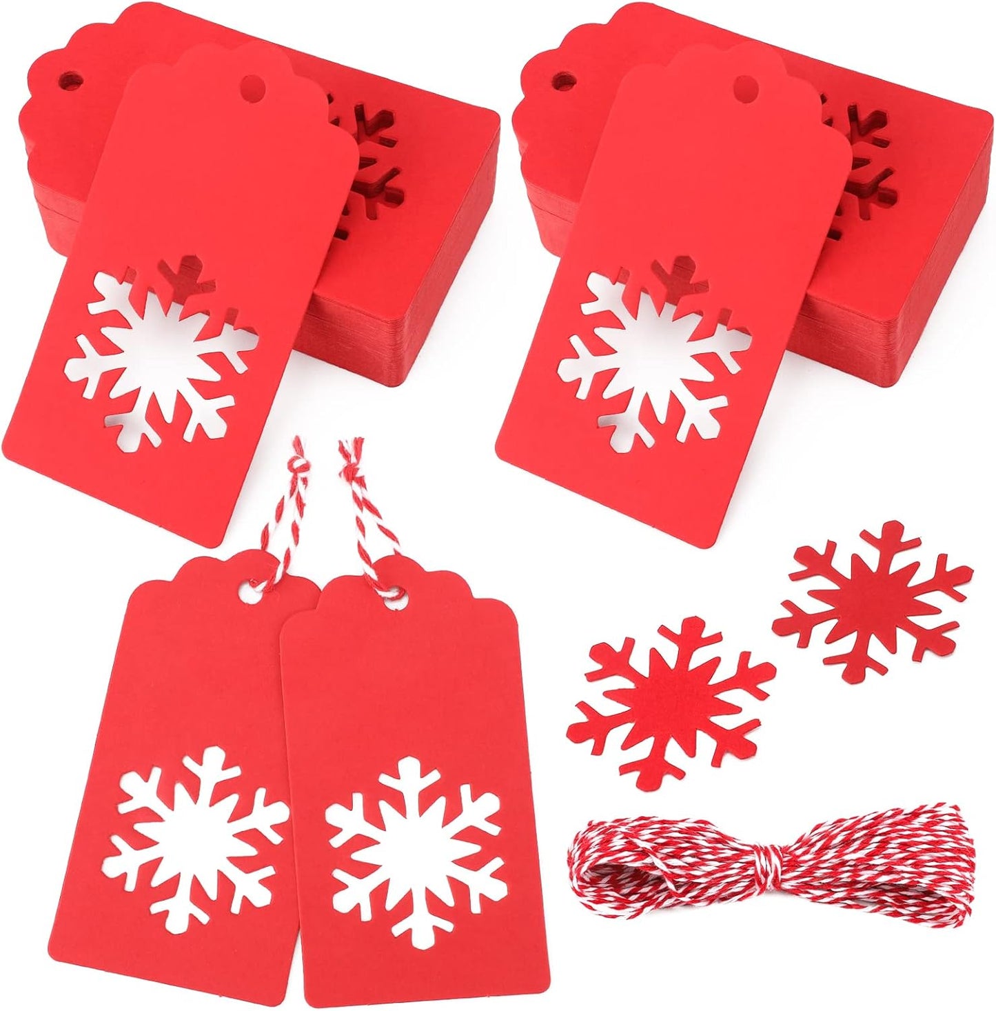 jijAcraft Christmas Gift Tags - 100Pcs Christmas Tags with String, Blank Xmas Name Labels, Red Paper Hollow Trees, Rudolph, Snowflake Shapes Holiday Labels for Xmas Party Favors, DIY Crafts, Jar