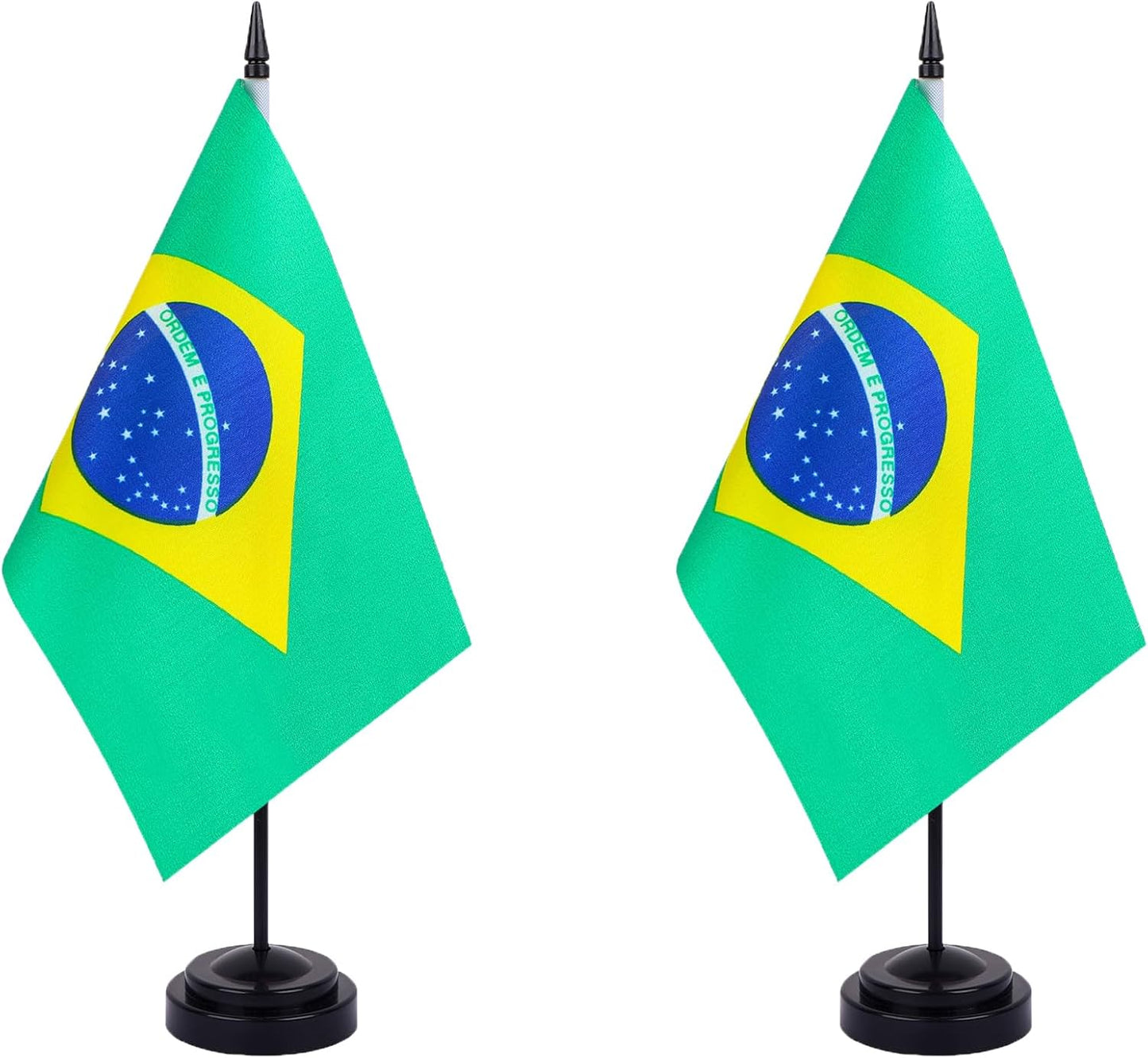 Brazil Desk Flag 12" Solid Pole Deluxe Set Brazilian Flags Banner Mini Small Brazil Office Table Flags with Black Stand Base Desktop Decorations(2Pack)