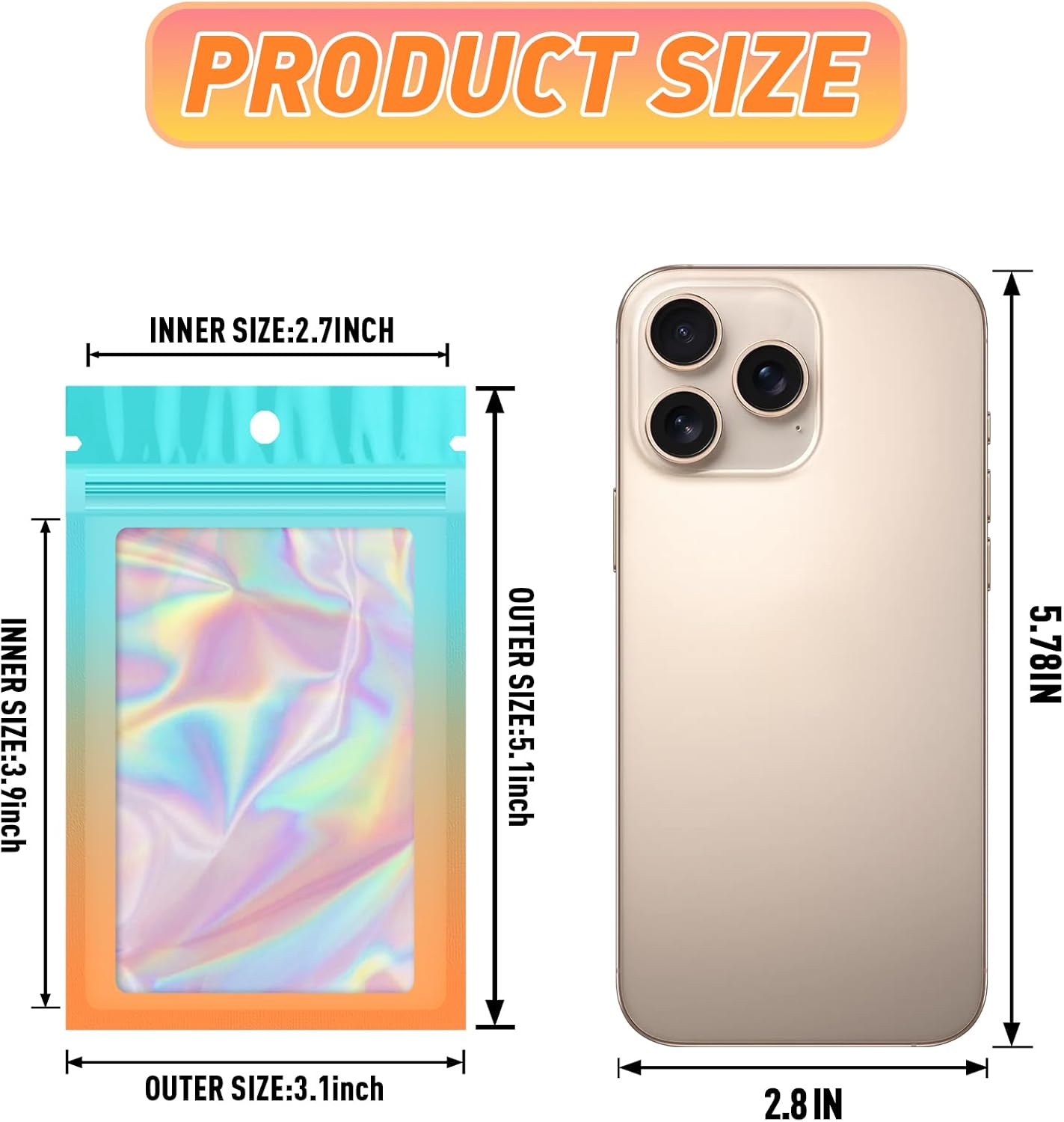 Funfery 100 Pack Gradient Holographic Bags,Resealable Mylar Bags with Zipper,Clear Window Packaging Pouch,Foil Smell Proof Bags for Food Storage,Sample Jewelry Baggies(3.1×5.1in,Blue Orange)