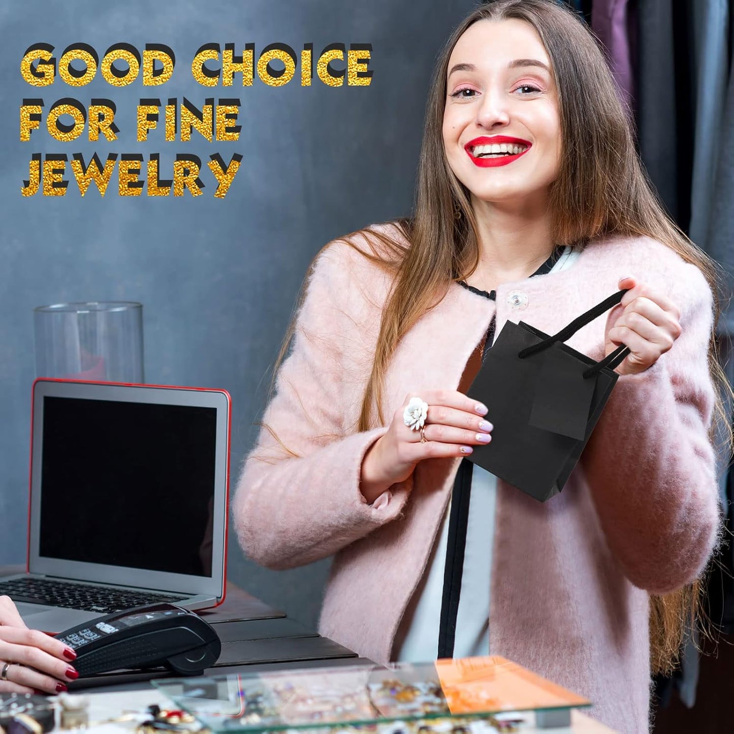 Sherr 100 Pack Mini Gift Bags Bulk, 4 x 2.75 x 4.5 Inches Paper Bags with Tags, Extra Small Paper Gift Boxes with Handles for Birthday, Party Favors, Weddings, Small Business(Black)