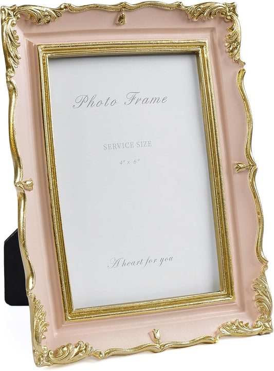 Cuspin 4x6 Vintage Picture Frame Pink and Gold Photo Frame, 4 by 6 Picture Frames Ornate Textured Hand-Crafted Resin with Glass Front for Tabletop Display, Retro Design Home Decor