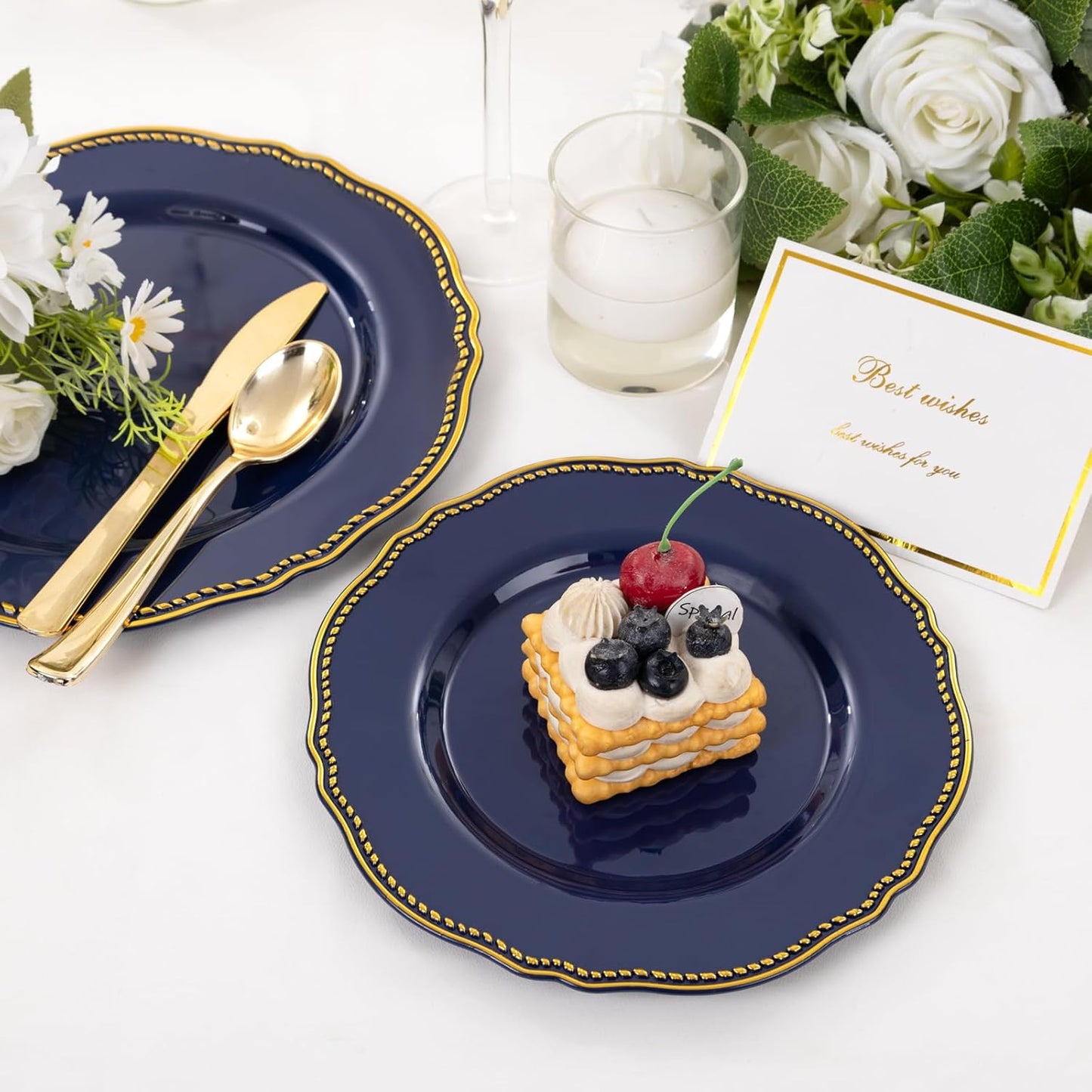 Hioasis 60pcs Blue Plastic Plates - Blue and Gold Disposable Dinnerware with Gold Rim, Heavy-duty, 7.5 inch, Dessert Plates for Party & Wedding