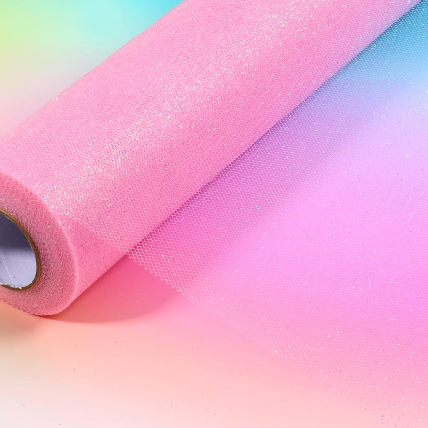 ICOSHOW Sparkling Tulle Rolls, 15” by 30 Yards (90FT) Glitter Tulle Spool Ribbon Fabric for Wedding Birthday Bridal Shower Tutu Skirt Party Gift Wrapping (Pink)