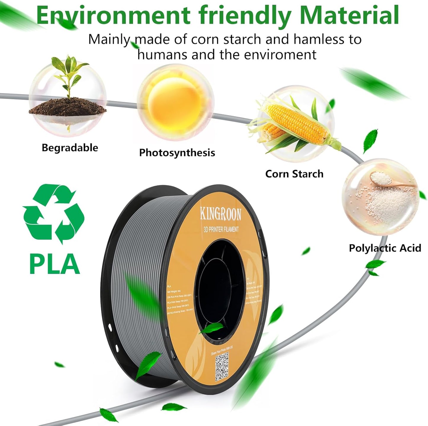 Kingroon PLA Filament 1.75mm 3D Printer Filament Grey Pla Filament 1kg Filament Dimensional Accuracy +/- 0.02mm, Fit Most FDM Printer,Grey-Sliver