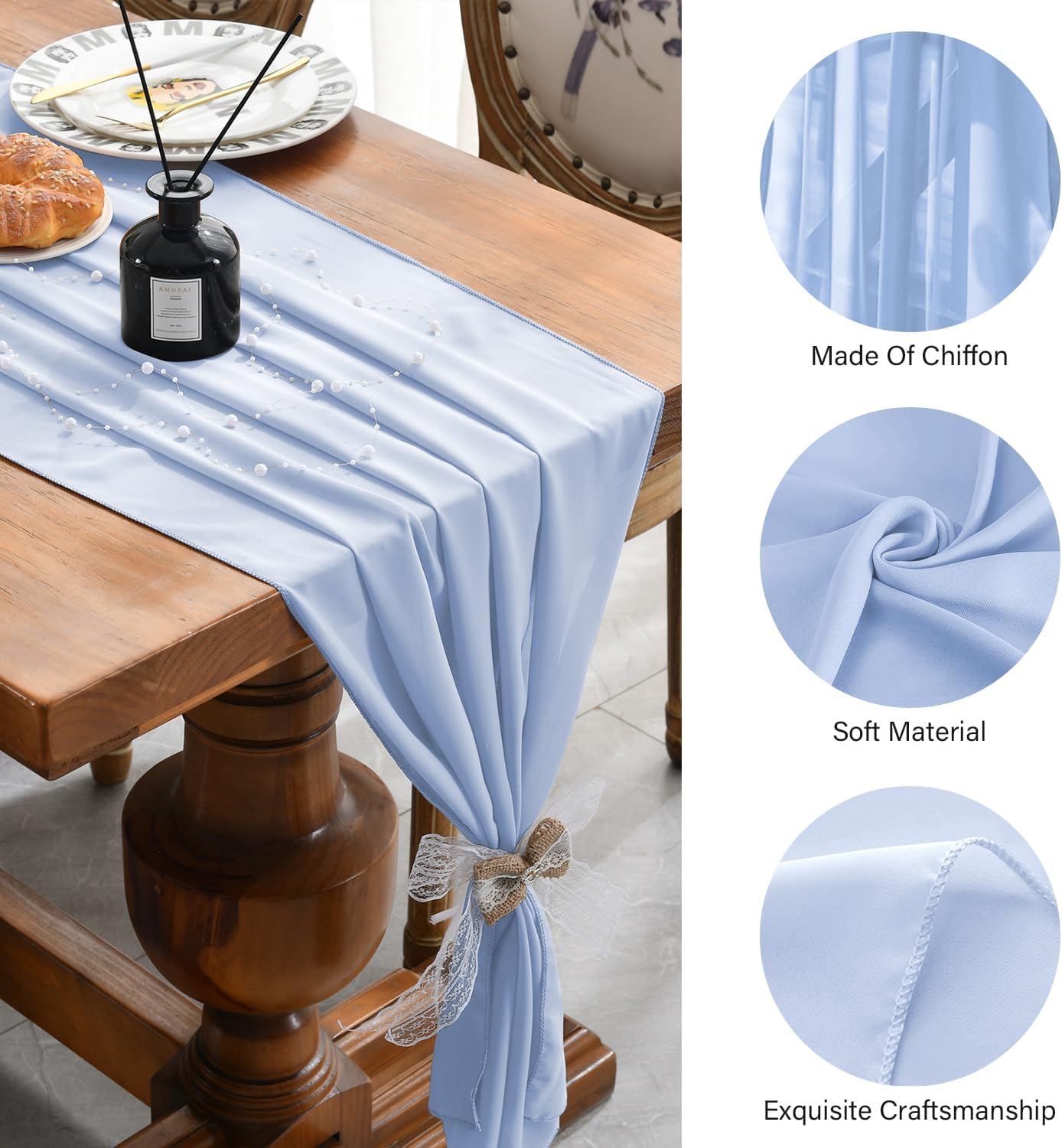 2 Pack 10 Ft Chiffon Table Runner Light Blue Gauze Long Table Runners 27x120 Inches Sheer Tulle Table Runner for Rustic Wedding Reception Bridal Shower Decorations Birthday Party