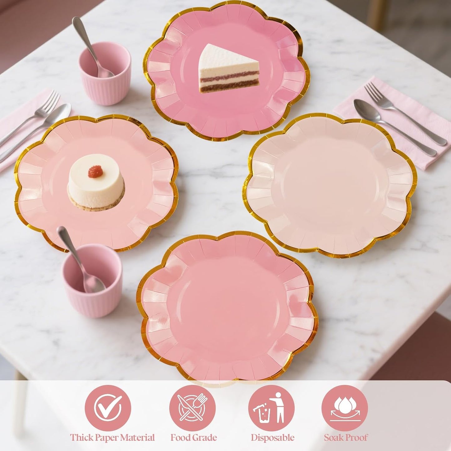 48Pcs Light Pink Scalloped Party Plates - 7inch Gold Foil Gradient Pink Dessert Paper Plate Disposable Cake Plates for Birthday Bridal Baby Shower Wedding Party Decorative Supplies