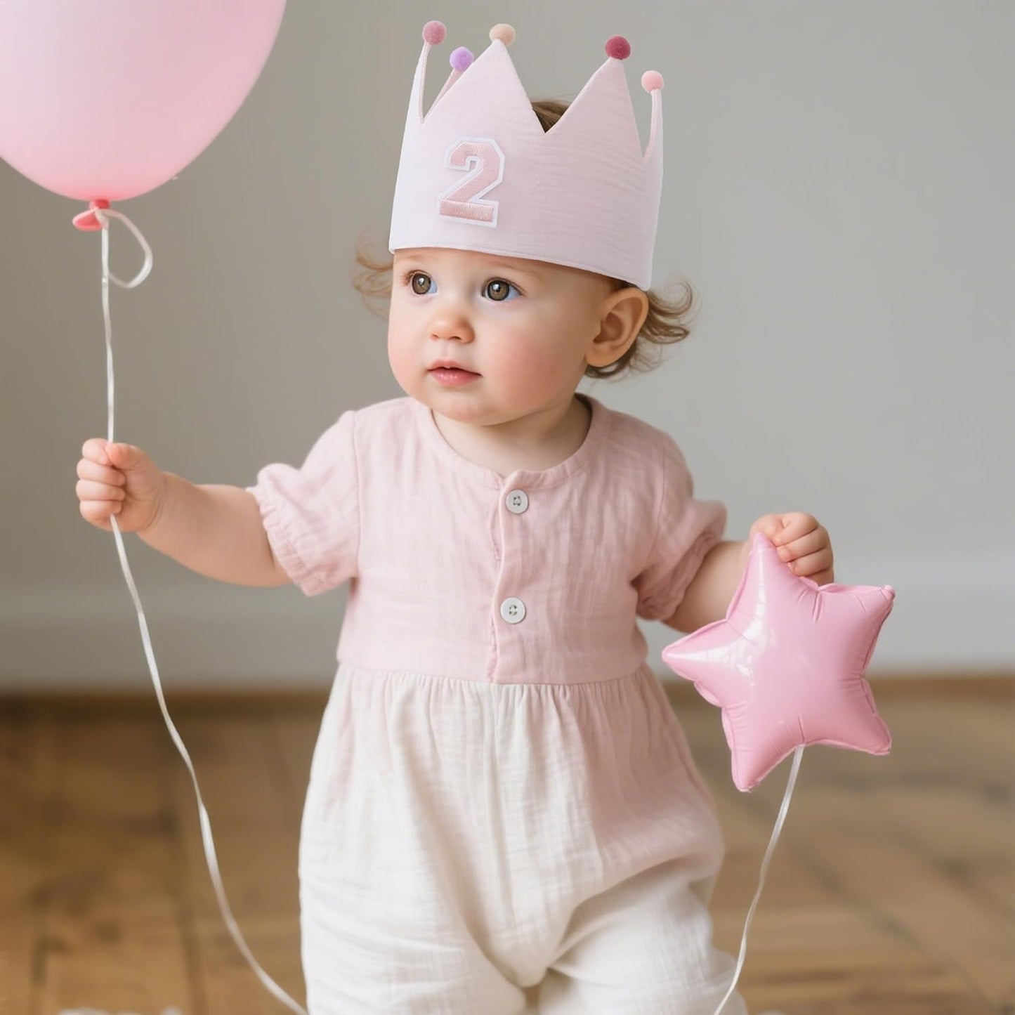 Muslin Crown Hat 1-3 Birthday For Baby Boy Girl Party Decoration Blue Pink Headband