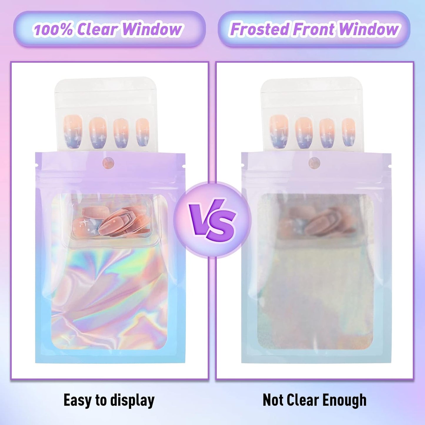 Funfery 100 Pack Holographic Bags,Mylar Resealable Bags with Zipper,Clear Window Packaging Pouch,Plastic Foil Bag for Food Storage,Sample Jewelry Baggies(4×6in,Purple Blue)