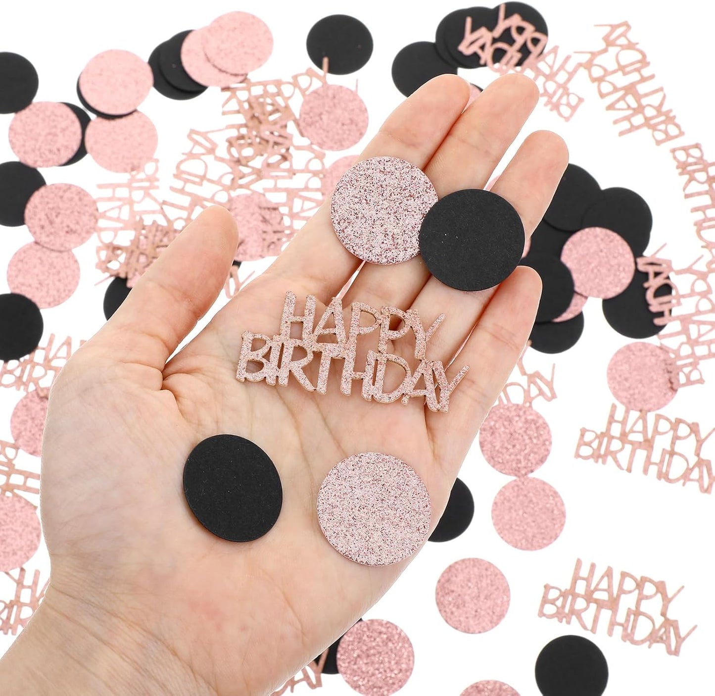 100Pcs Rose Gold and Black Happy Birthday Glitter Confetti, Polka Dot pink confetti, Sprinkling Table Scatter Paper Confettis Birthday Party Table Decorations