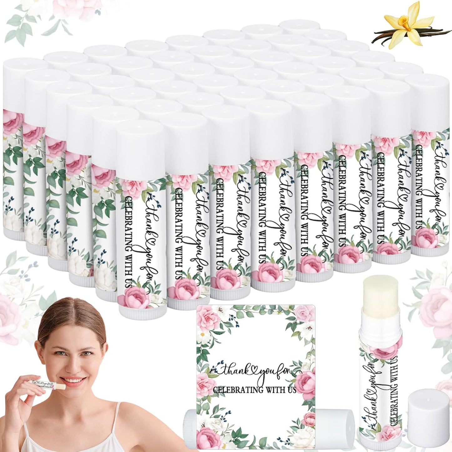50 Pcs Pink Flowers Wedding Bridal Shower Gifts Bulk Floral Lip Balm Baby Shower Party Favors Thank You Appreciation Gifts for Women Tea Bachelorette Party