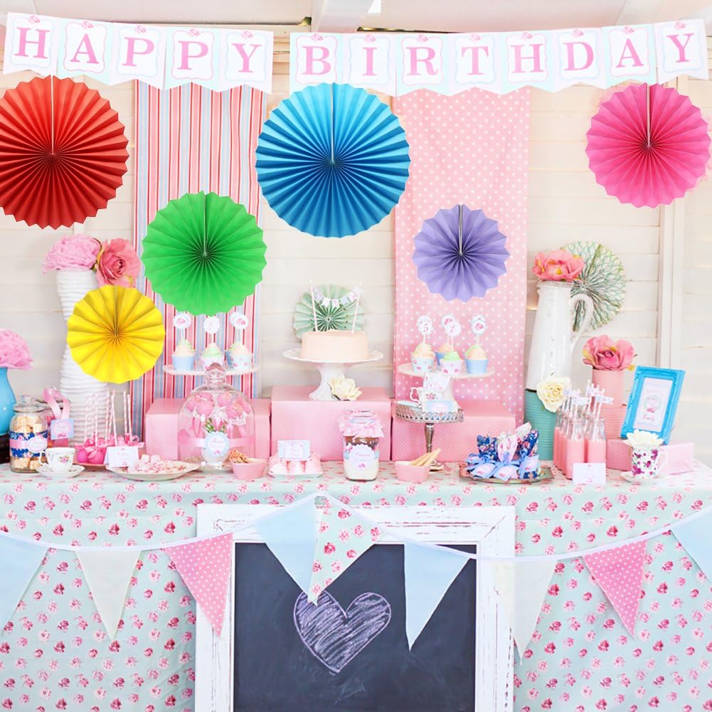 Colorful Hanging Paper Fans Decoration Round Pattern Paper Garlands Set for Party Birthday Wedding Events Accessories, Mix Set of 6