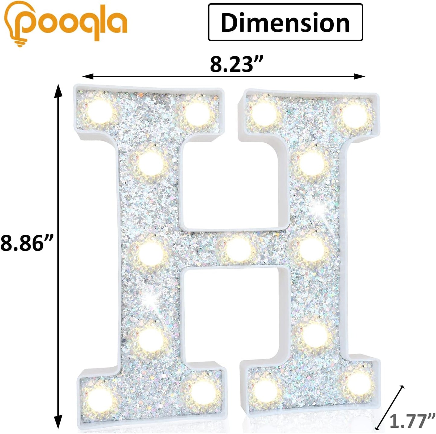 Pooqla Light Up Letters, LED Marquee Letters for Silver Birthday Decorations, Battery Powered Night Light Teenager Girl Room Decor, Gift for Girls Boys Wedding Bedroom Christmas Party Decor, Letter H