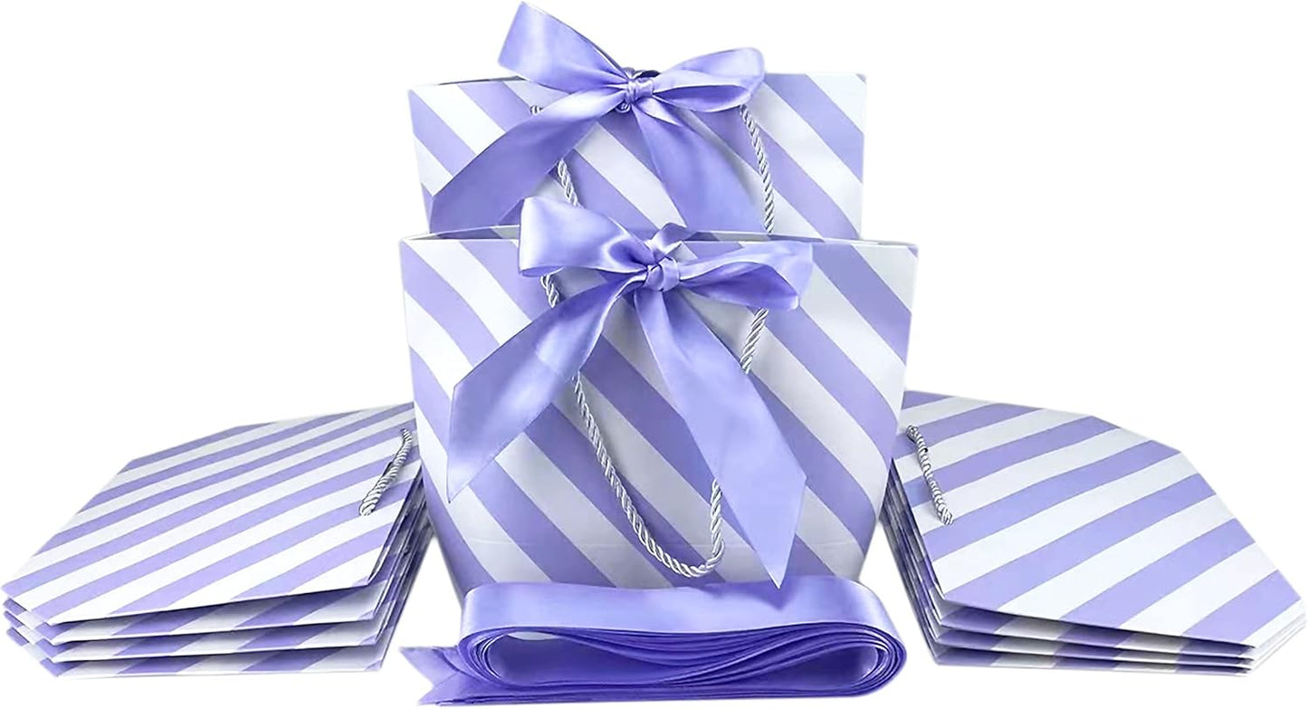 HUAPRINT Gift Bags with Handles,7.48×3.54×7.9 inches,Party Favor Bags with Bow Ribbon,12Pcs White and Light Purple Stripe Paper Bags for Birthday Wedding Bridesmaid Present Celebration Holiday
