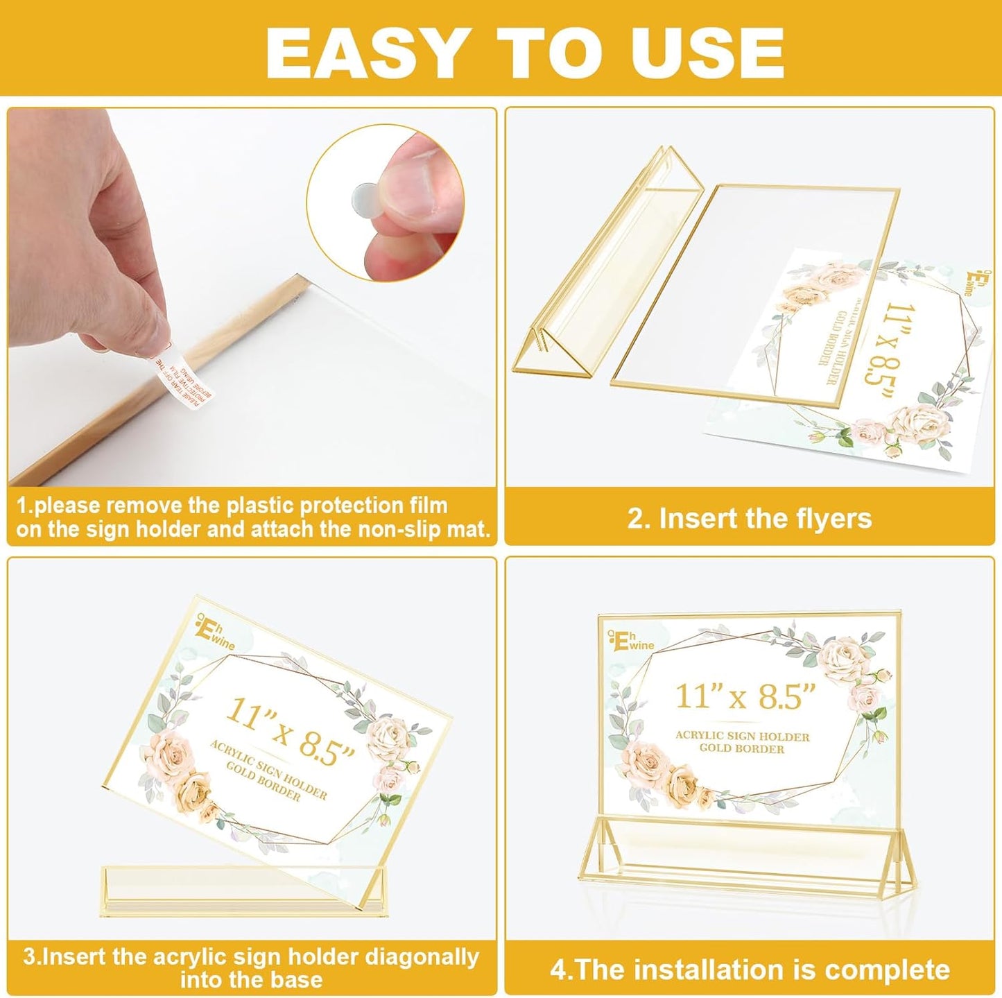 EHWINE 12 Pack Acrylic Sign Holder 8.5 x 11 Horizontal, Double-Sided Stand up Table Top Sign Holders, Gold Acrylic Picture Frame Menu Flyer Paper Holder Display Stand for Office Business Store Wedding Party