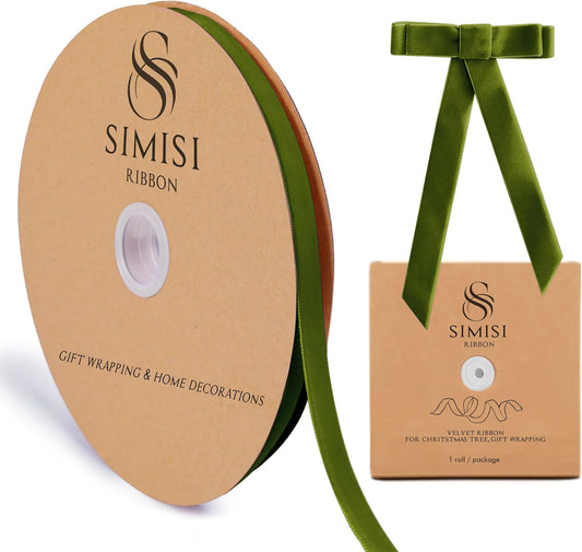 Olive Green Velvet Ribbon 3/8'' 25 Yards for Christmas Tree, Gift Wrapping, Flower Bouquet, Wreath Decorations, Bow Making