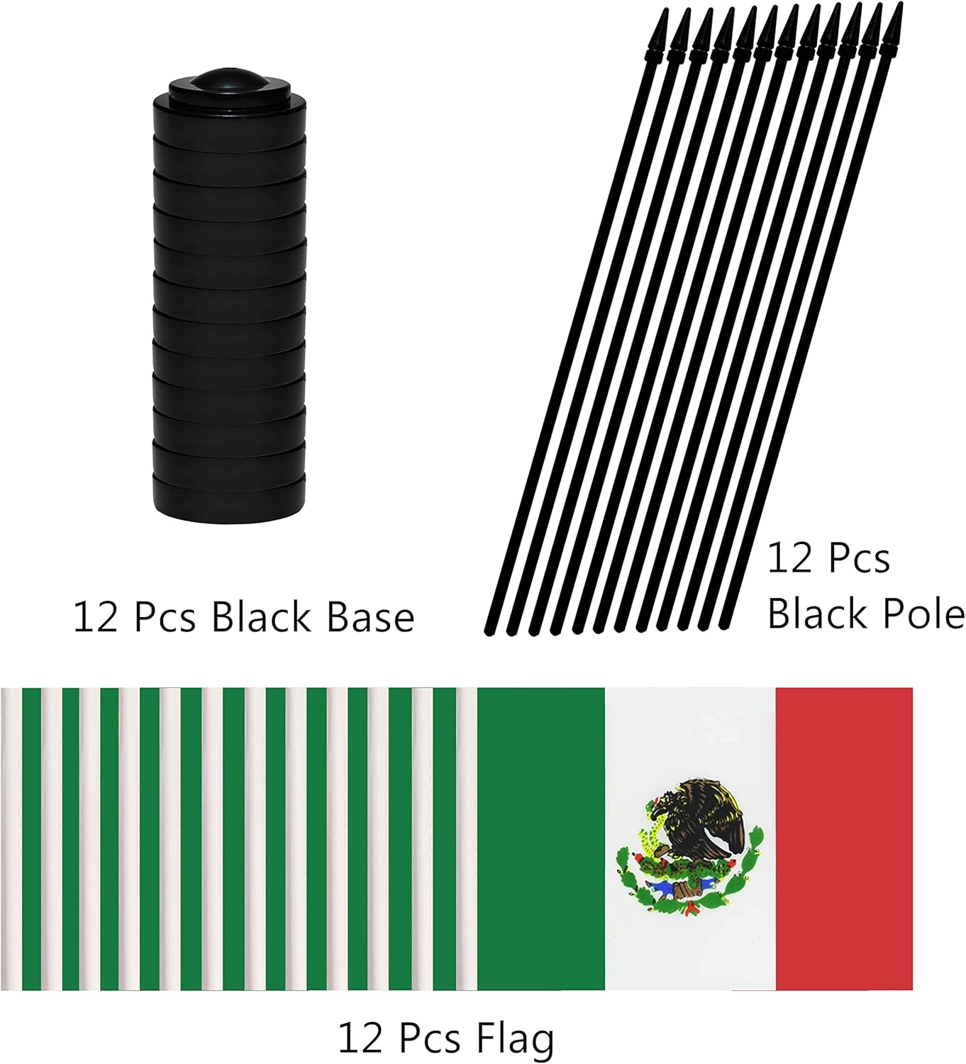 12 Pack Mexico Desk Flags Set, Mexican Small Mini Table Office Flags with 12" Solid Black Pole, 8.2 x 5.5 Inches, Home and Office Decoration, Festival Celebrations