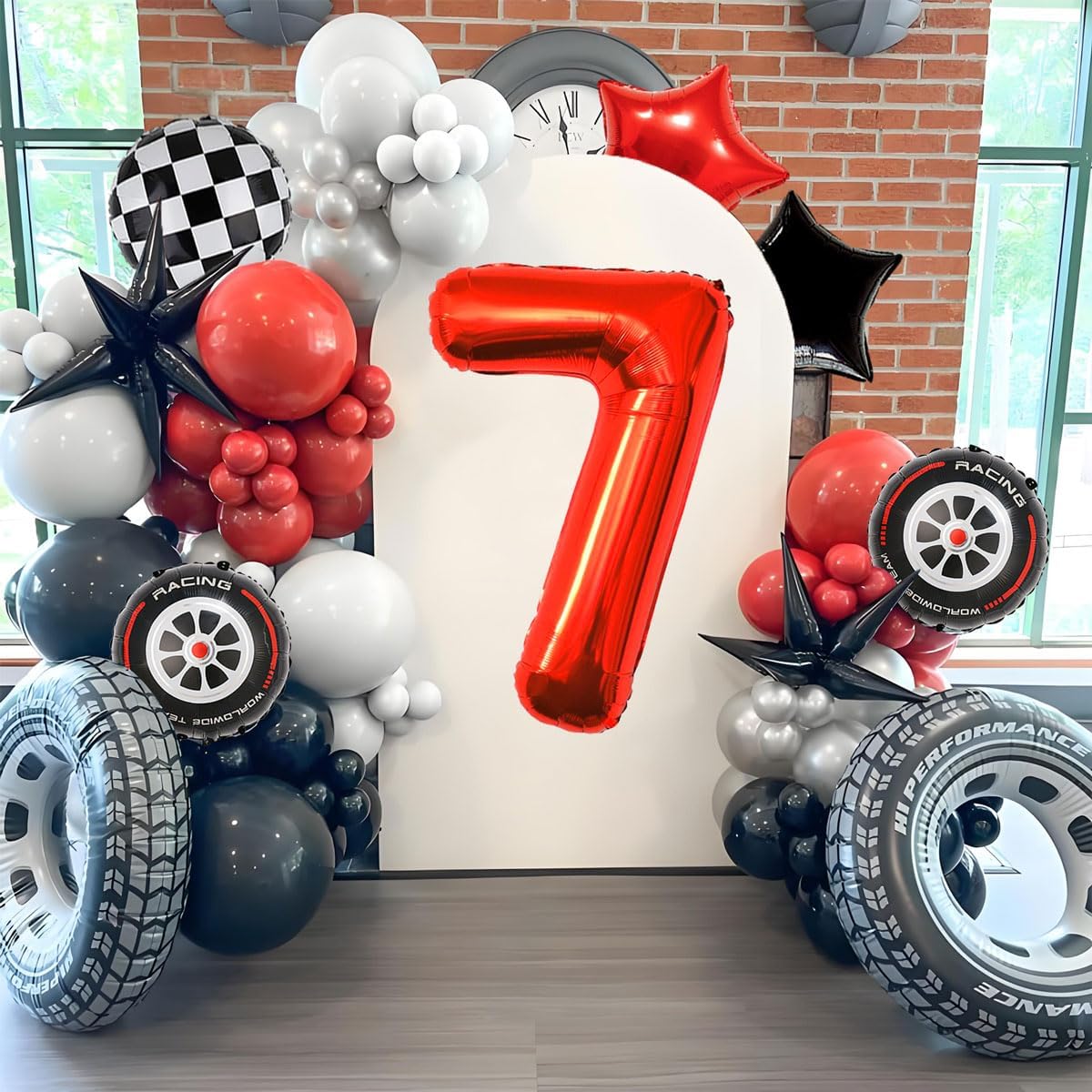 Race Car Birthday Party Decorations - 40 Inch Mylar Red Number 7 Balloons - Black Foil Checkered Race Car Balloons for 7st Birthday Race Cars Themed Party Decorations