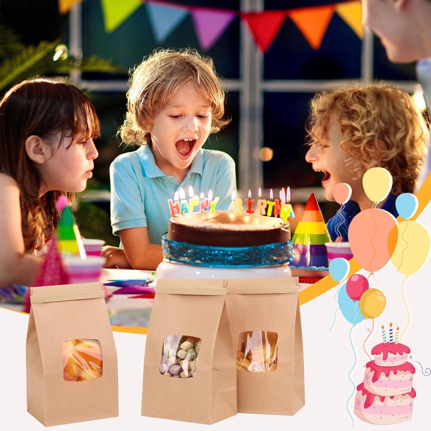 Moretoes 55pcs Small Bakery Bags with Window, 3.54x2.36x6.7in Tin Tie Tab Kraft Paper Bags for Cookie Coffee Bread Bakery Packing