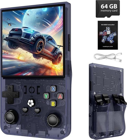 R36MAX Retro Handheld Game Console - 64GB Preloaded Classic Video Games, Support 30+ Simulators, Linux-Powered Portable Game Emulator Console with 4.0-in HD IPS Screen (Transparent Gray)