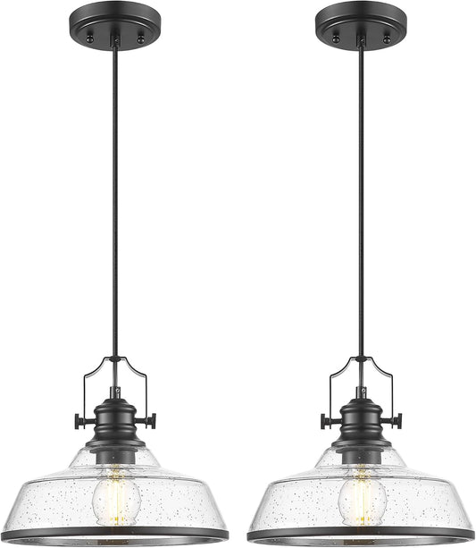 kudos 2 Pack Pendant Lights Kitchen Island, 11" Black Kitchen Island Lighting with Seeded Glass Shade, Farmhouse Large Hanging Light Fixture for Kitchen Sink Dining Room, KDPL13-BK-S-2PK