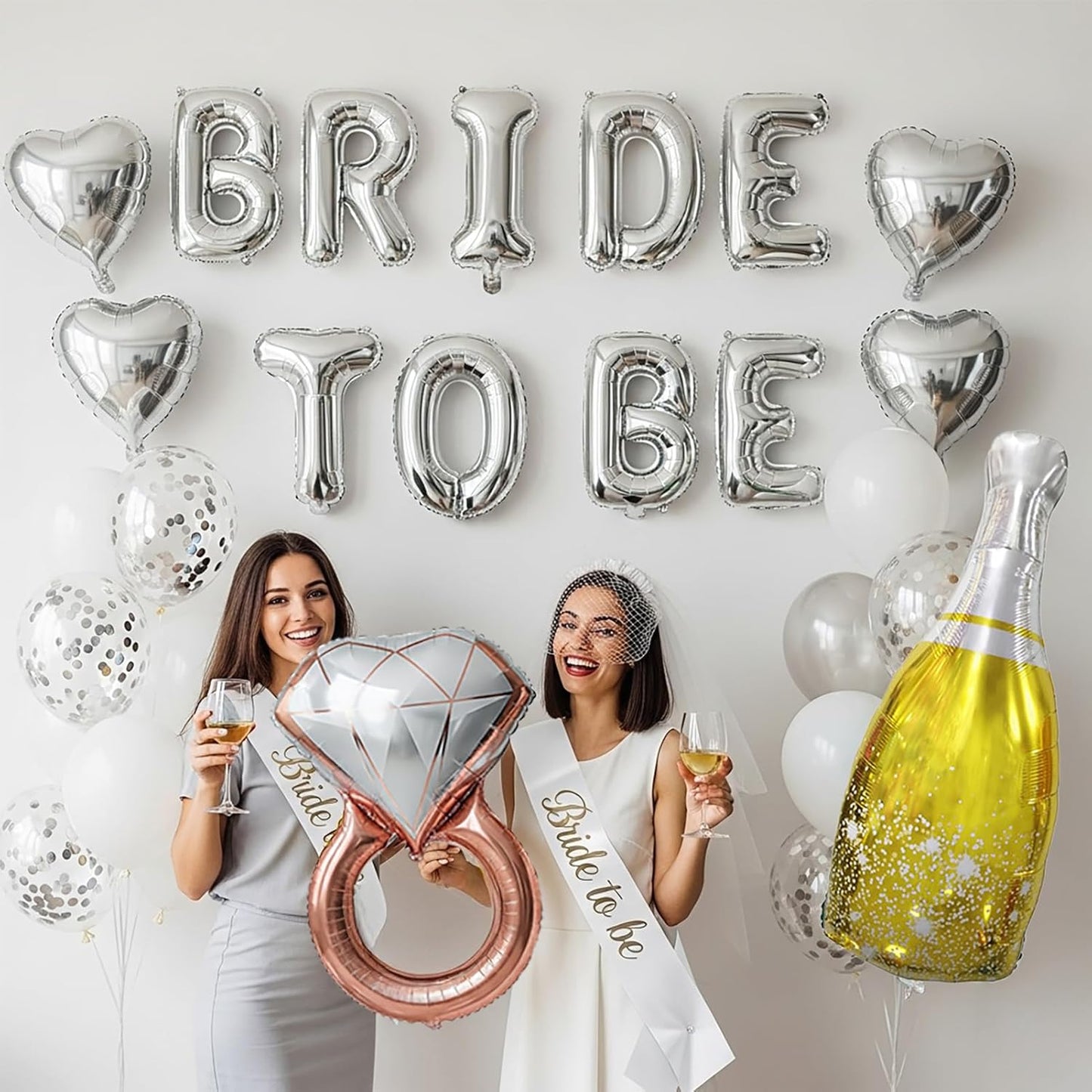 Silver Decorations pearl White balloons Bridal Veil BRIDE TO BE Balloons Sash with Diamond Ring Heart Champagne Balloons Bridal Veil for Bachelorette Party Decor Bride To Be Bridal Shower