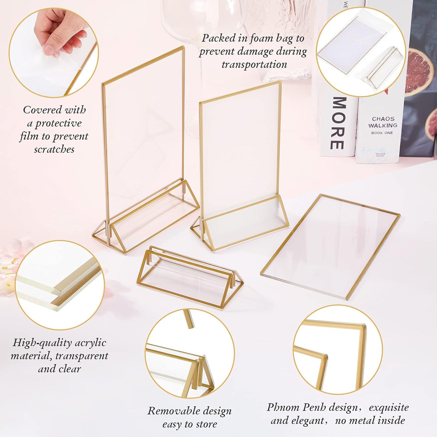 16 Pieces Gold Rimmed Clear Acrylic Table Sign Holders, Double Sided Frame with Gold Border and Vertical Stand for Wedding Table Number, Restaurant Sign, Photo Display, Menu Holder (5 x 7 Inch)