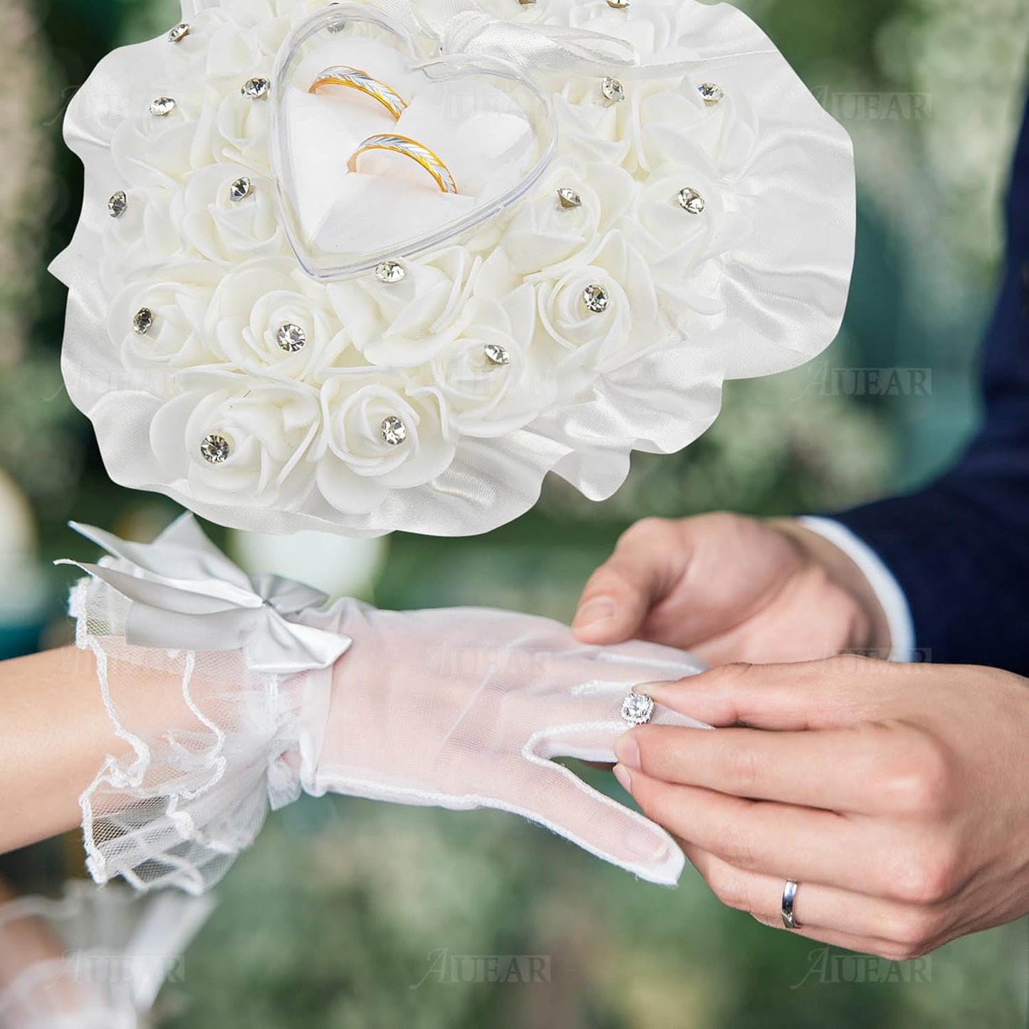 AUEAR, White Wedding Ring Holder Pillow Heart Shape Lace Rose Flower Rhinestone Crystal Box for Ceremony