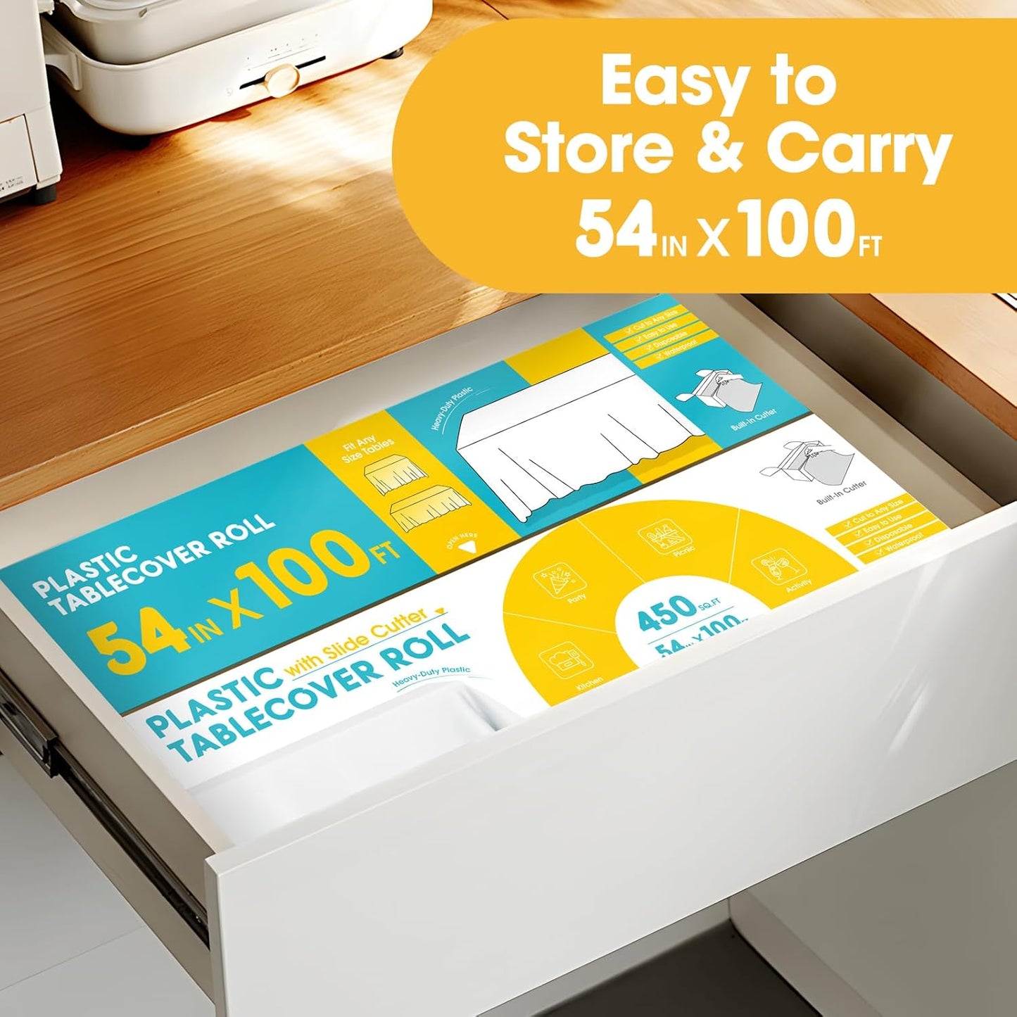 White Plastic Table Cover Roll - 54IN x 100FT, Table Cloth for Rectangle Table with Slide Cutter, Plastic Table Cloth Disposable with Cut-to-Size Design for Weddings, Banquets, Parties