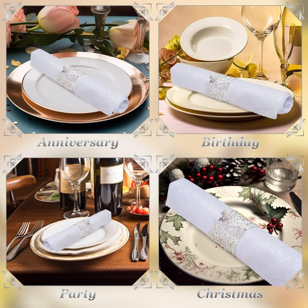 150PCS Rose Flower Paper Napkin Rings, Simple Napkin Holders Dinner Tables Rings Elegant Ornament Table Setting Decoration for Wedding, Christmas, Thanksgiving, Holiday, Party (Silver) (Pack of 2)