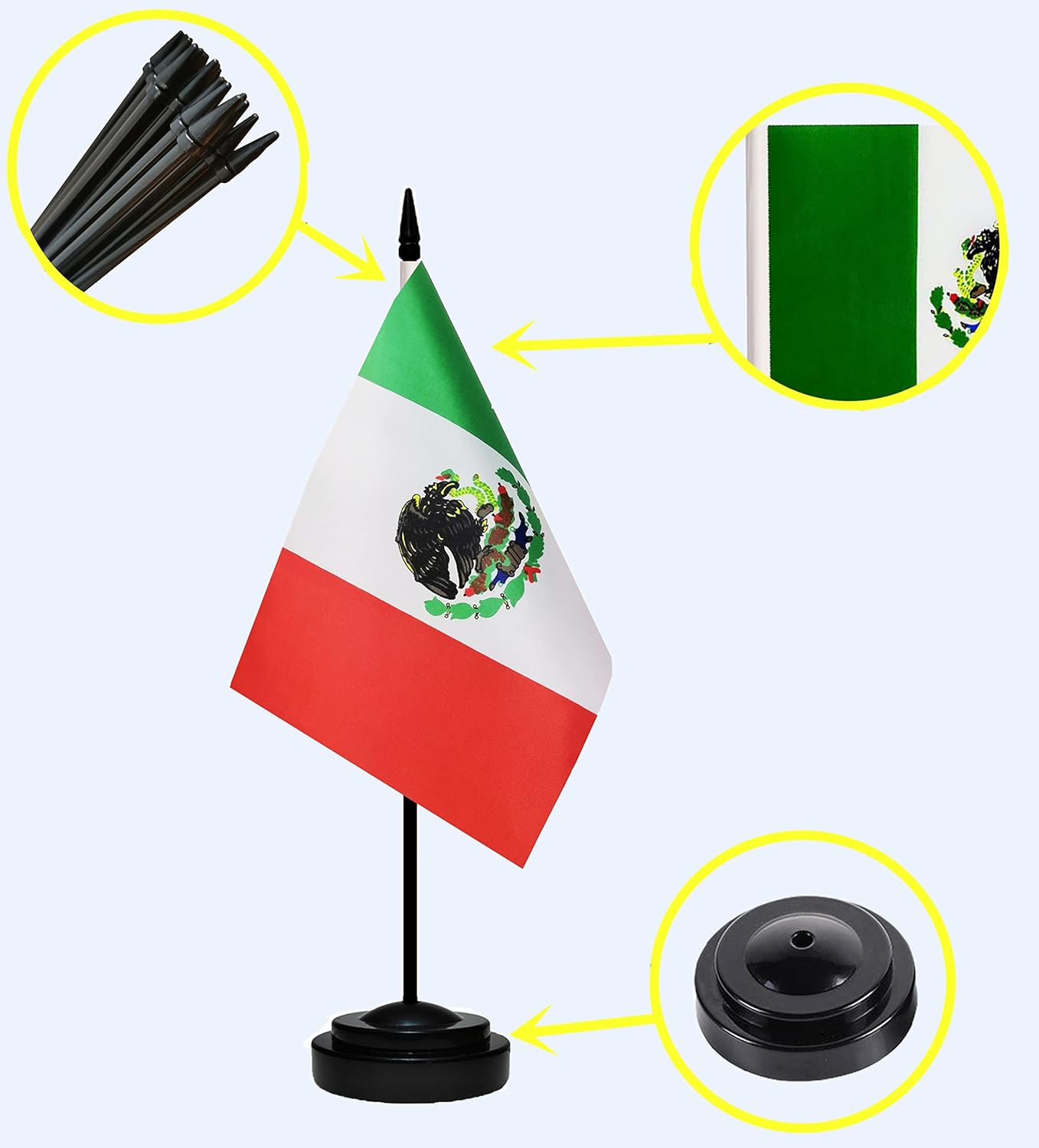 Mexico Mexican Deluxe Desk Flag Set Small Mini Miniature Mexico Mexican Table Desktop Flags With Solid Pole, Black Base and Spear Top(2 Pack)