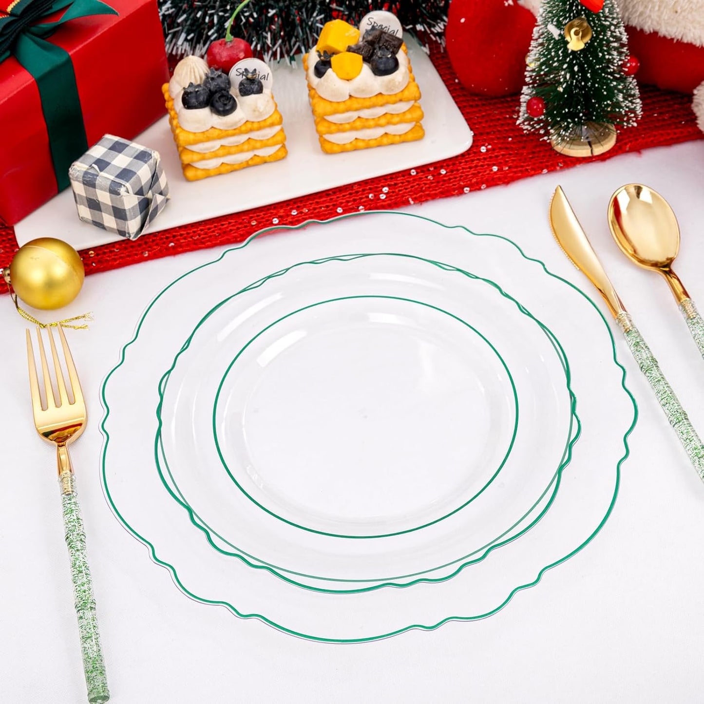 Liacere 150PCS Clear and Green Plastic Plates - Disposable Plates with Glitter Bamboo Handle Cutlery - 60 Baroque Elegant Plates,30Forks,30Spoons,30Knives for Christmas
