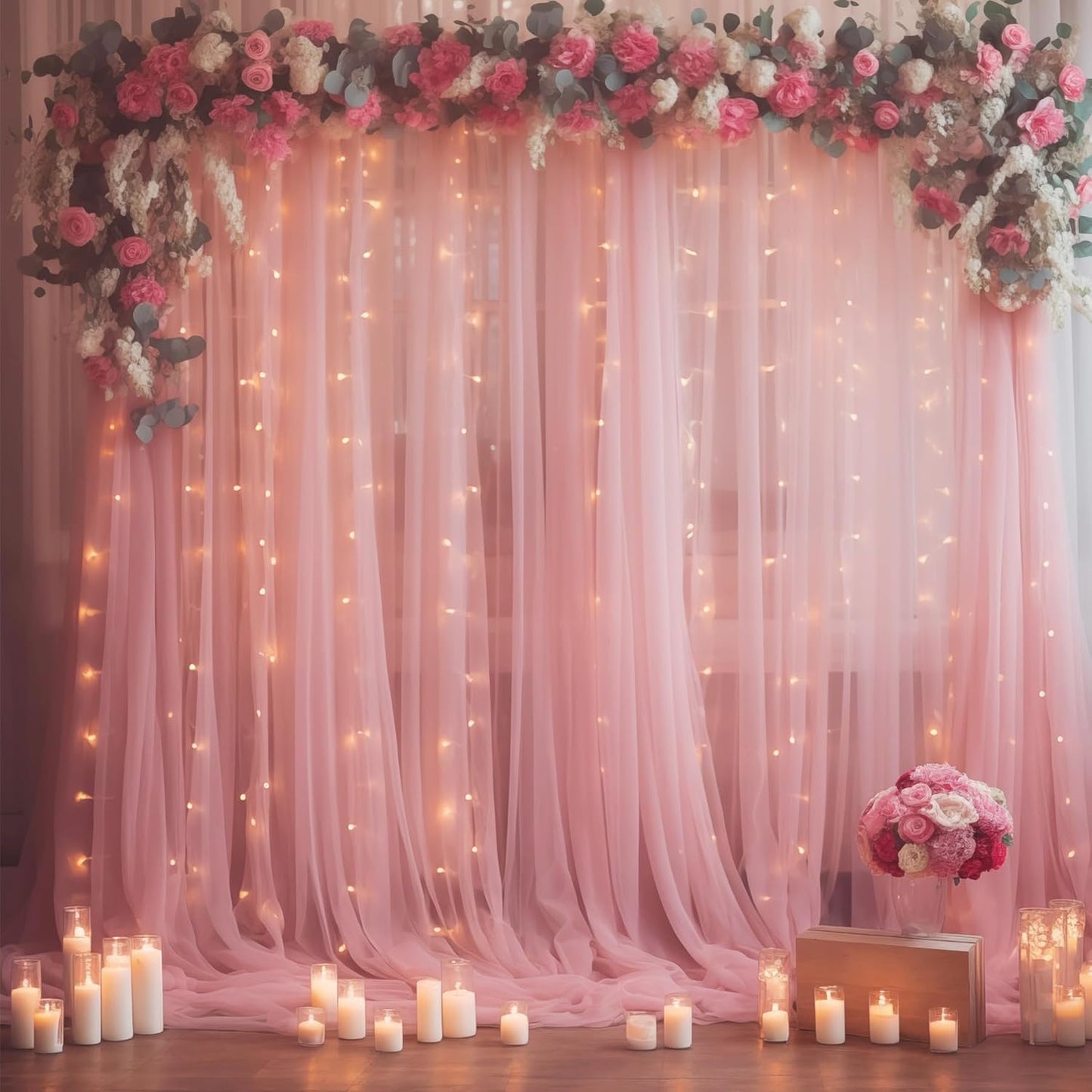 10×10ft Dusty Rose Tulle Backdrop Curtain with Lights String for Parties, Sheer Photo Curtain Backdrop Drapes for Wedding Party Photography Backgrounds