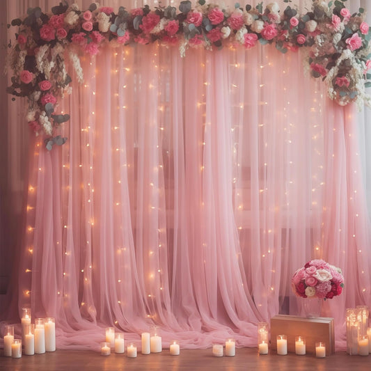 10×10ft Dusty Rose Tulle Backdrop Curtain with Lights String for Parties, Sheer Photo Curtain Backdrop Drapes for Wedding Party Photography Backgrounds