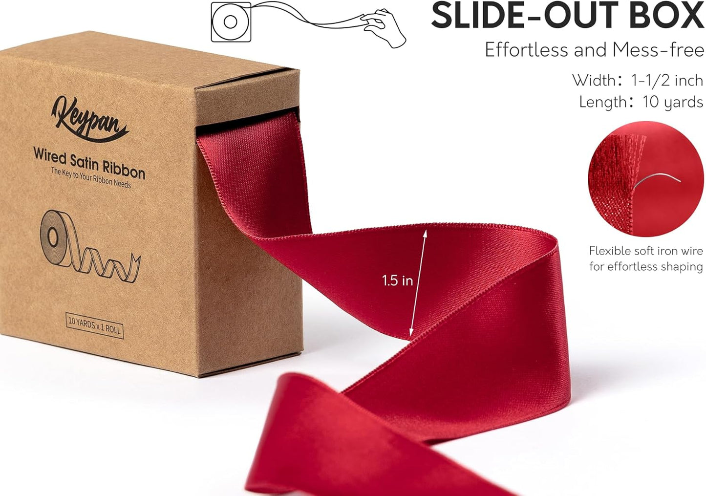 Red Satin Ribbon Double-Faced Wired Ribbons for Gift Wrapping Flower Bouquet Bows Wedding Invitation Christmas Decor Crafts 1-1/2 Inch 10 Yards