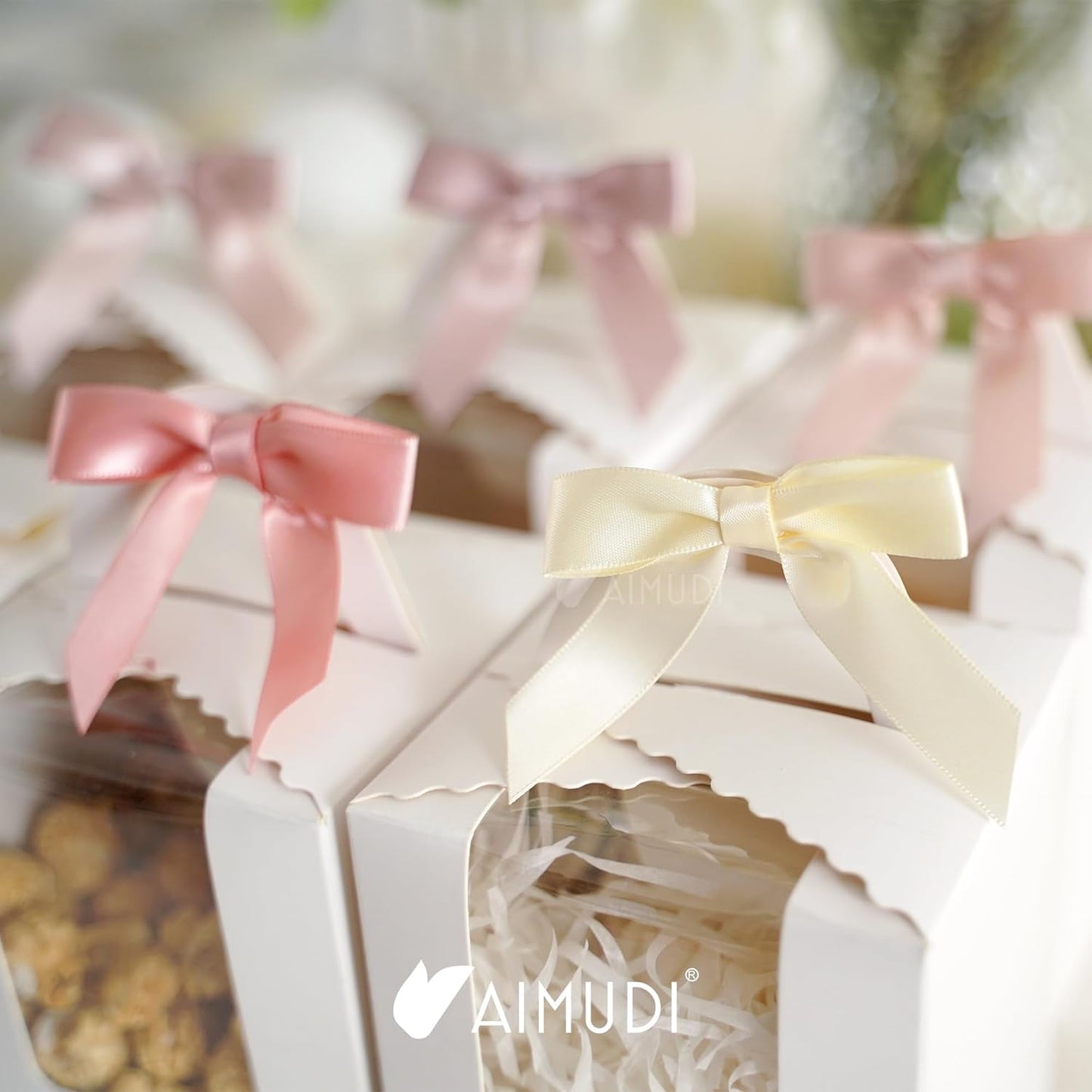 AIMUDI 5 Colors Dusty Rose Bows 2.5" Pink Satin Twist Tie Bows for Gift Wrapping Premade Satin Bows for Making Crafts Treat Bag Baby Shower Birthday Party Wedding Decoration, 50 PCs