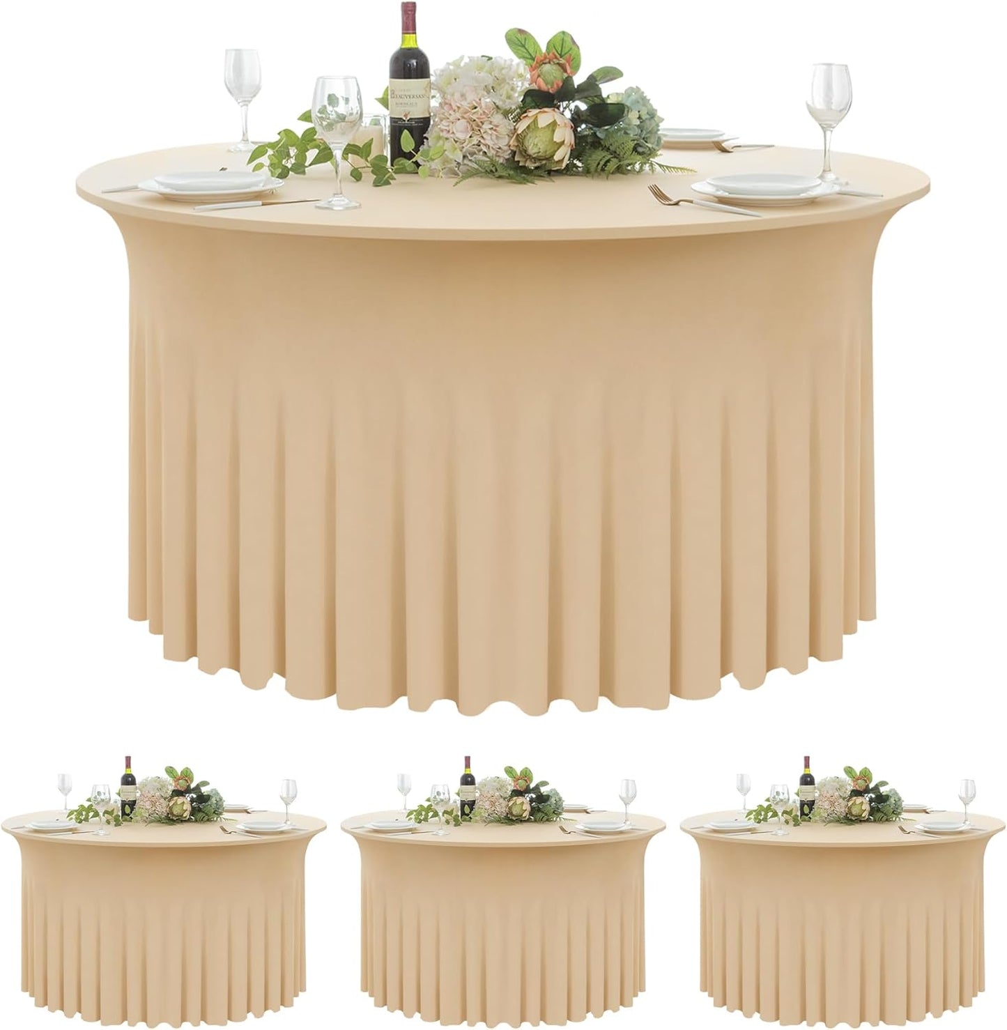 4 Pack Champagne Spandex Round Tablecloths for 60inch Tables,120inch Stretch Fitted 5ft Table Cloth,Wrinkle Free Rund Table Covers with Skirt for Banquet Wedding Birthday Parties