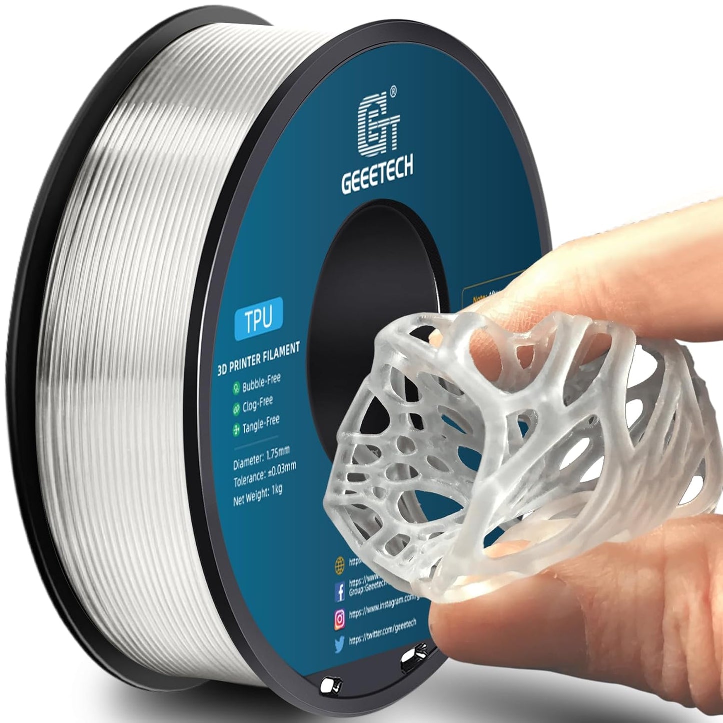 Geeetech TPU Filament 1.75mm, Shore 95A Flexible 3D Printer Filament with High Elasticity, 1KG (2.2lbs) Spool, Dimensional Accuracy ±0.03mm, Fits Most FDM Printers (Clear/Transparent)