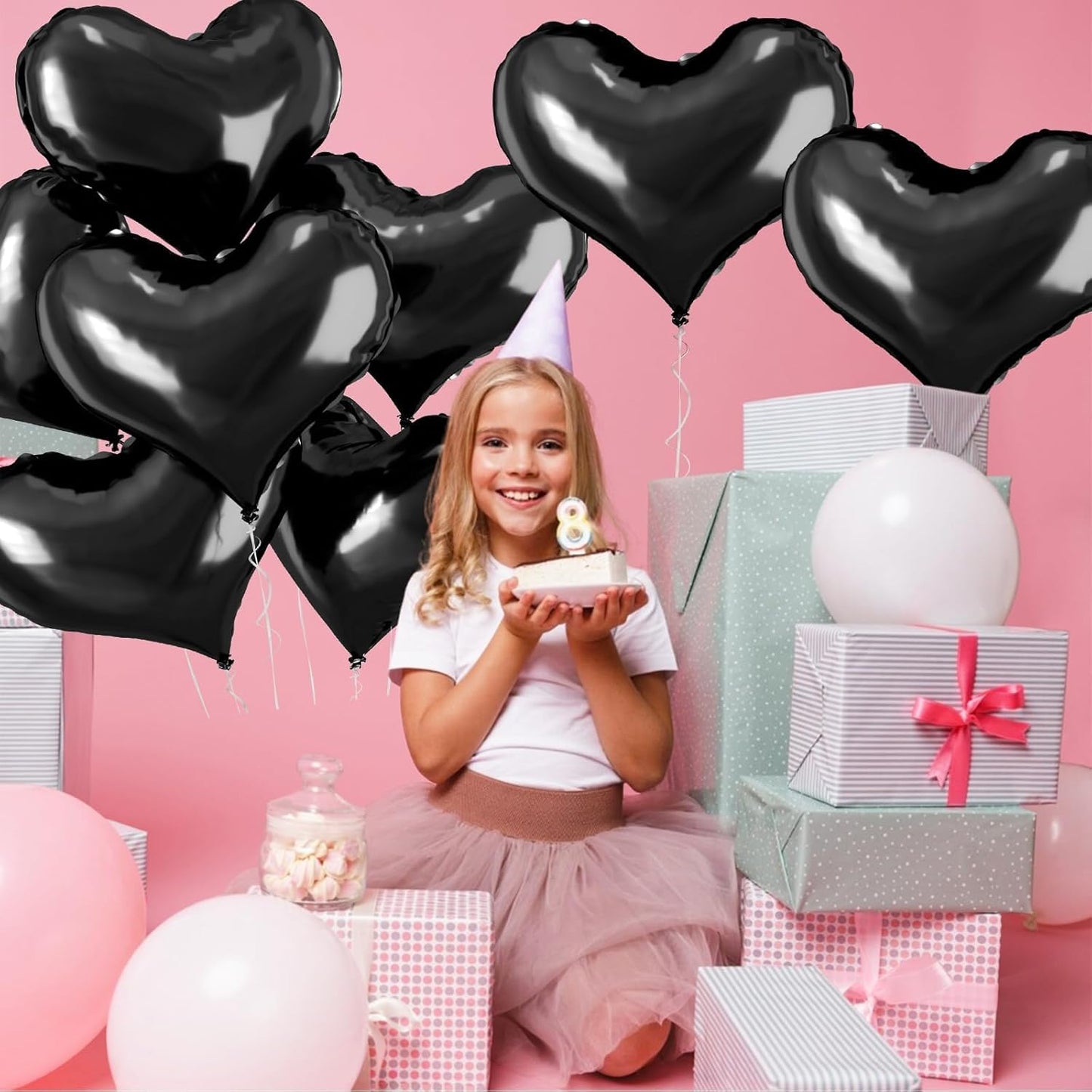 24 Inch Black Heart Balloons, Heart Shaped Foil Balloons, Black Engagement Love Helium Balloon for Valentines Day Bridal Shower Anniversary Wedding Birthday Party Decorations