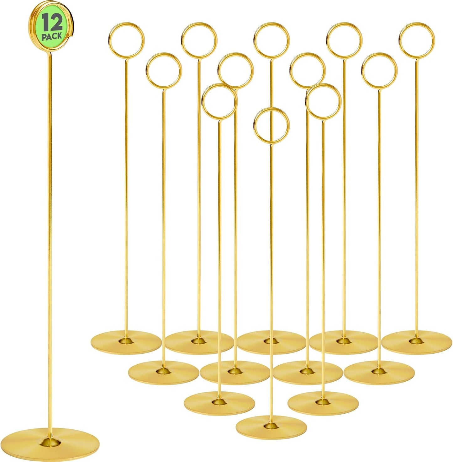 Gray Bunny Metal Table Number Holders, 12 Pack, 12 in Tall, Gold, Card Holders Tabletop Table Number Stands, Wire Clip for Restaurants Recipe Place Card Signs, Weddings, Banquets, Pictures