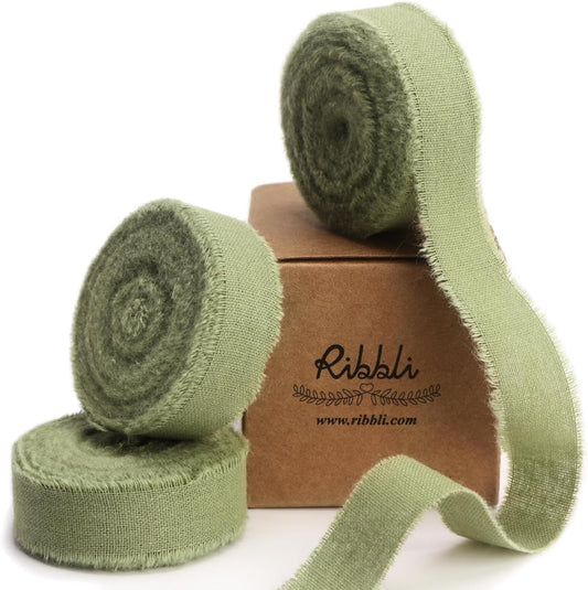 Ribbli 3 Rolls Sage Green Ribbon 5/8 Inch x 18Yards Handmade Cotton Frayed Fringe Ribbons for Gift Wrapping Wedding Invites Bridal Bouquets Baby Shower DIY Crafts Home Decor